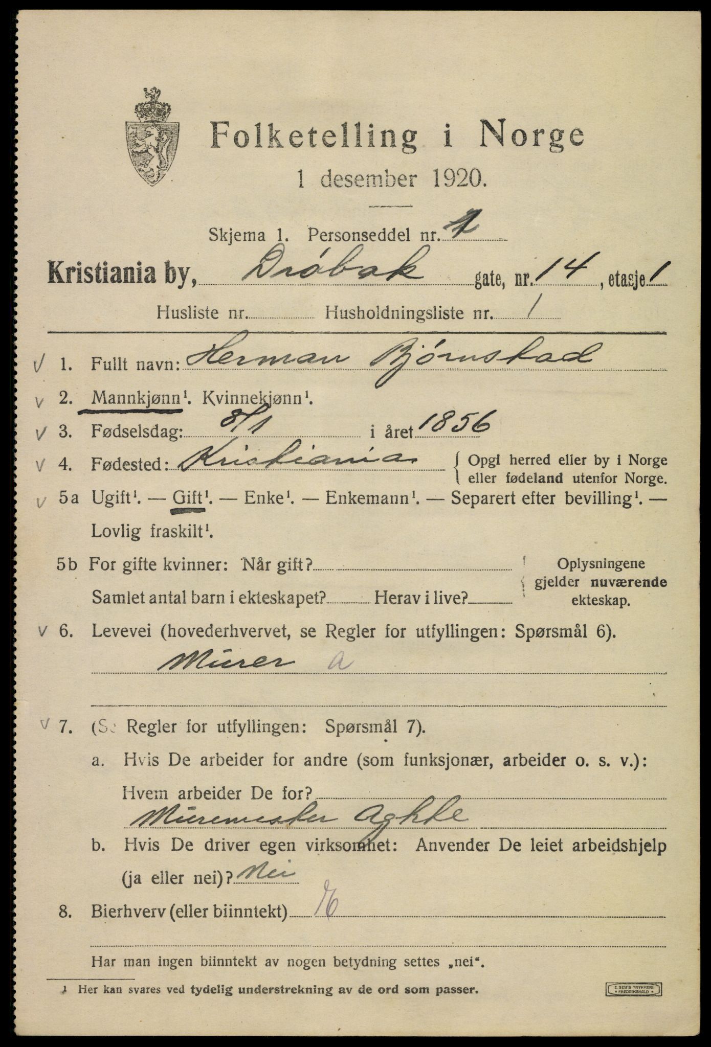 SAO, 1920 census for Kristiania, 1920, p. 203867