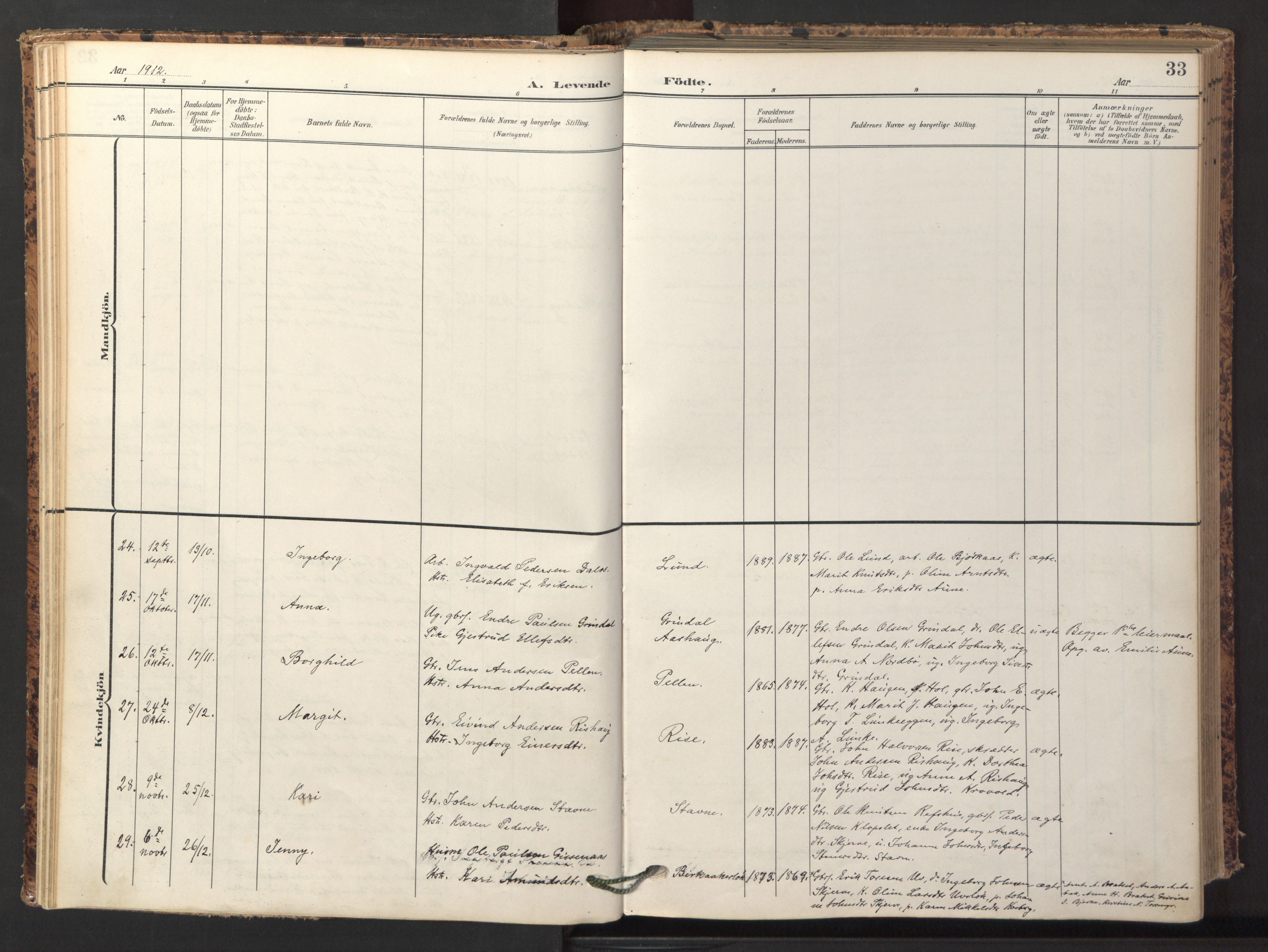 Ministerialprotokoller, klokkerbøker og fødselsregistre - Sør-Trøndelag, AV/SAT-A-1456/674/L0873: Parish register (official) no. 674A05, 1908-1923, p. 33