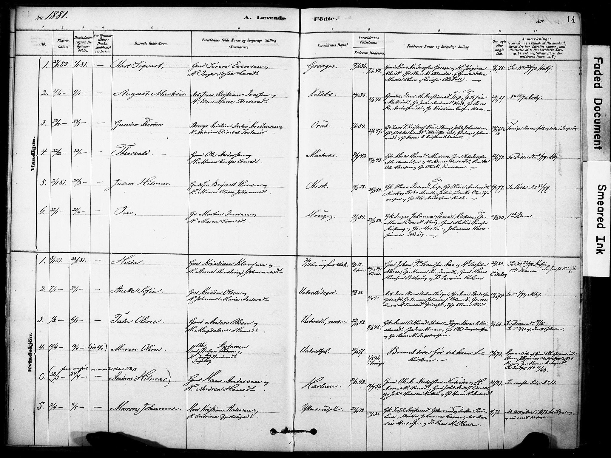 Rakkestad prestekontor Kirkebøker, AV/SAO-A-2008/F/Fb/L0001: Parish register (official) no. II 1, 1878-1899, p. 14