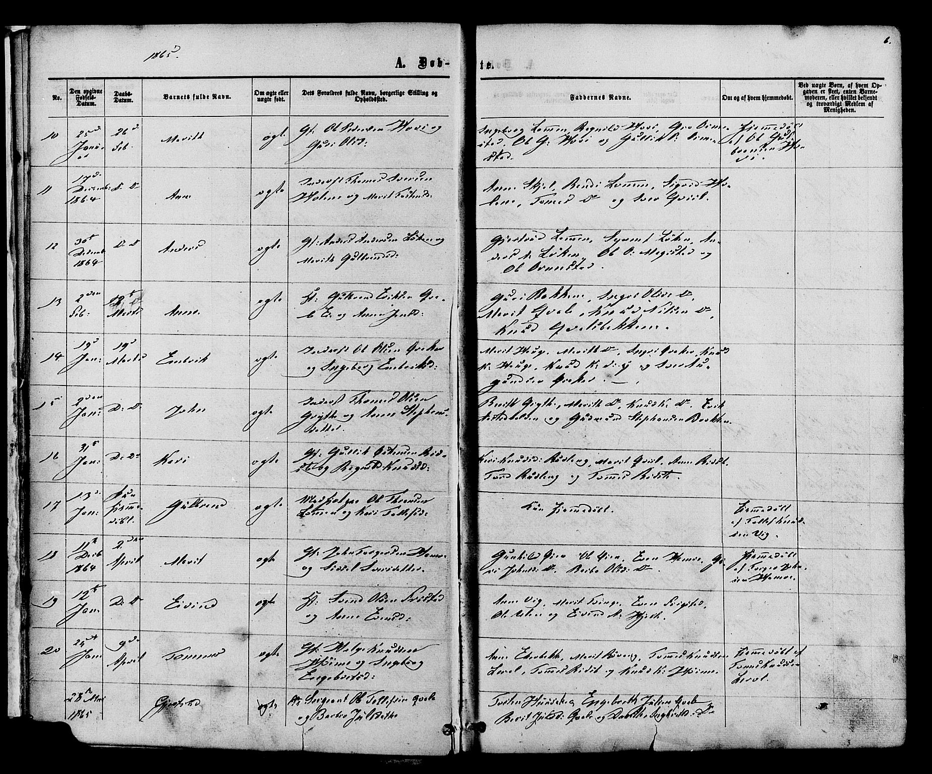 Vestre Slidre prestekontor, SAH/PREST-136/H/Ha/Haa/L0003: Parish register (official) no. 3, 1865-1880, p. 6