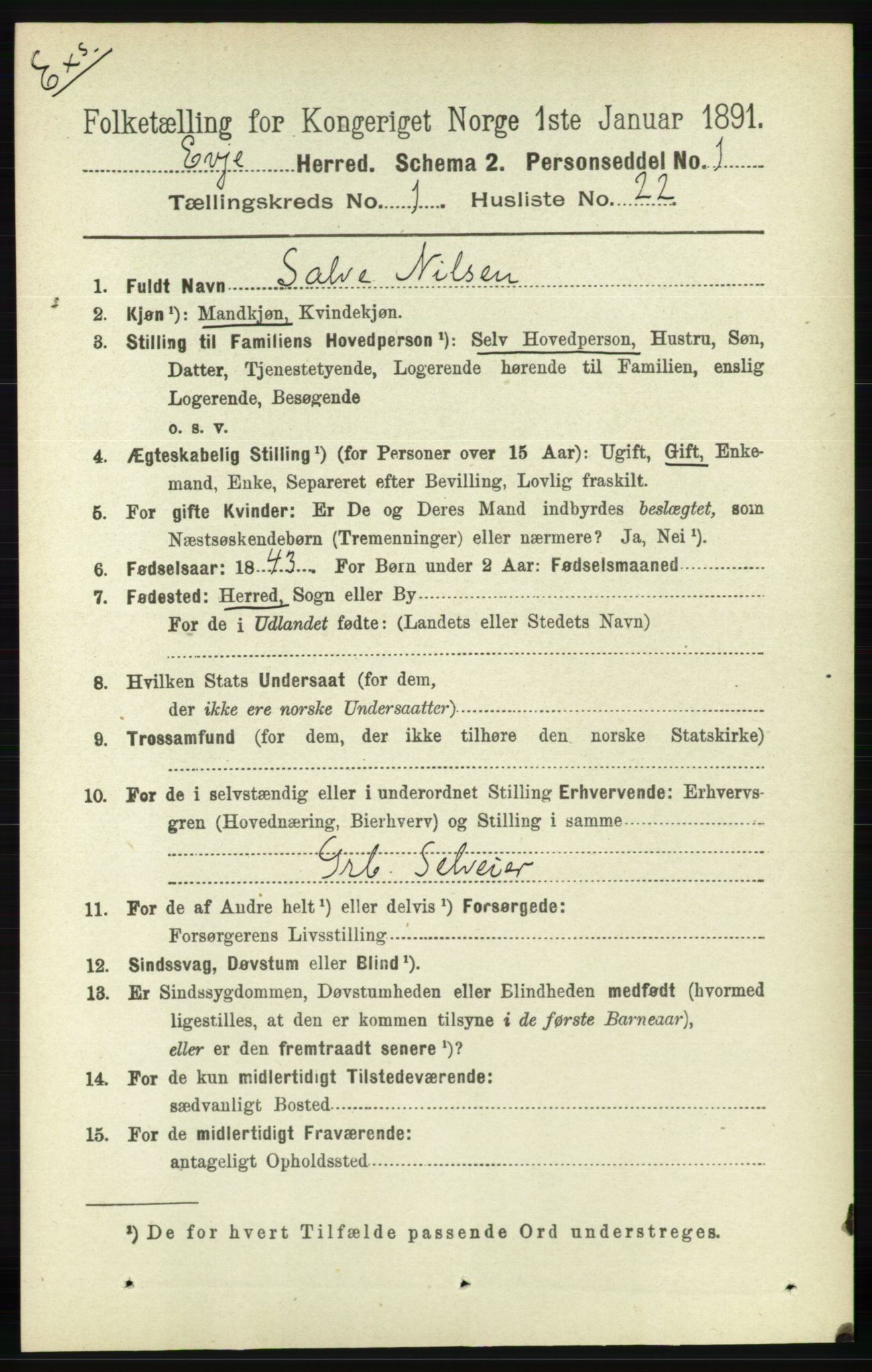 RA, Census 1891 for Nedenes amt: Gjenparter av personsedler for beslektede ektefeller, menn, 1891, p. 993