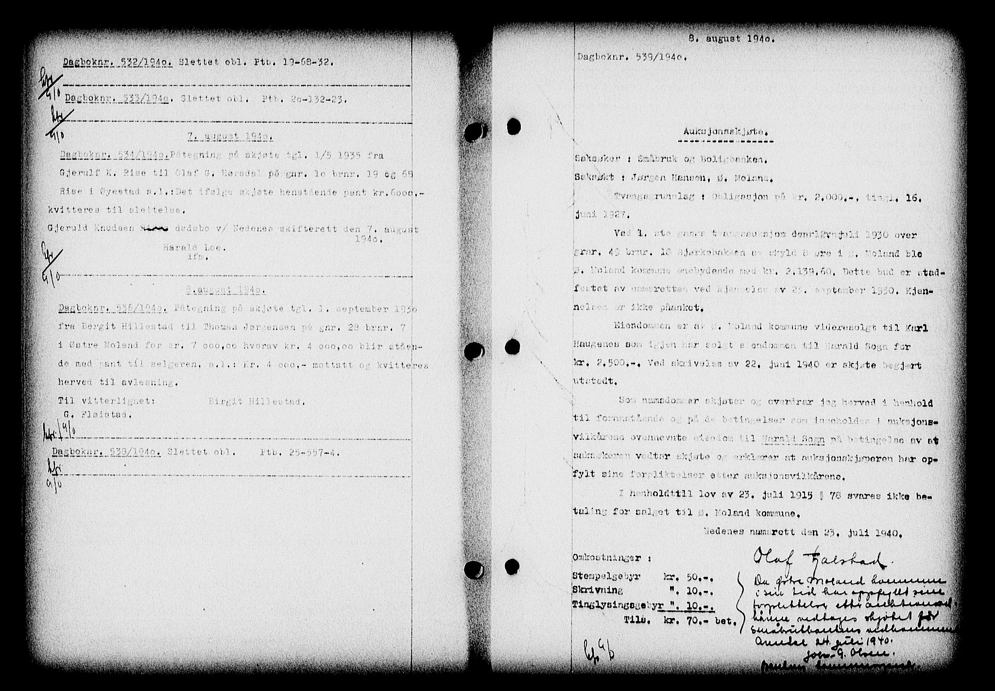 Nedenes sorenskriveri, SAK/1221-0006/G/Gb/Gba/L0047: Mortgage book no. A-I, 1939-1940, Diary no: : 539/1940