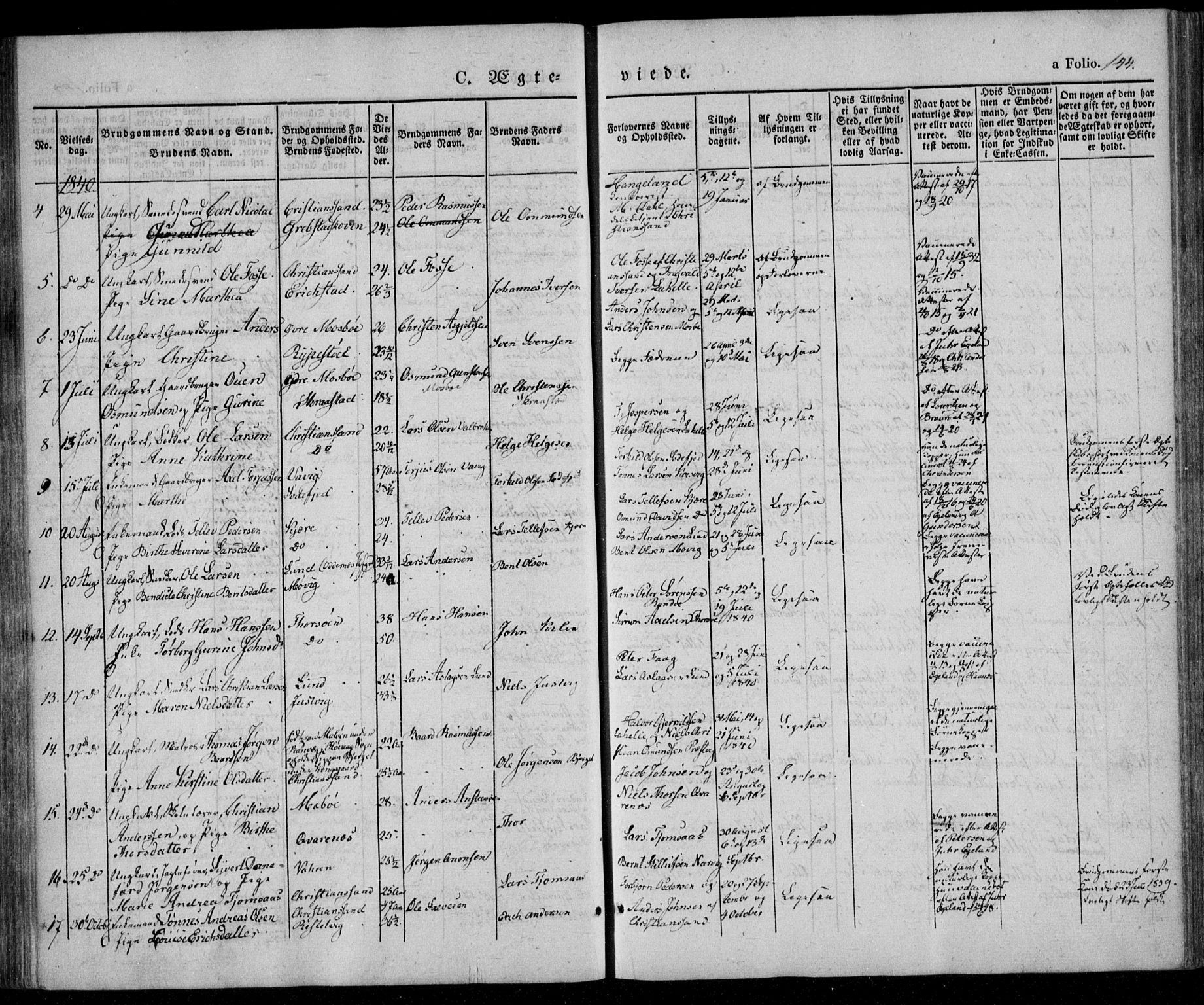 Oddernes sokneprestkontor, SAK/1111-0033/F/Fa/Faa/L0006: Parish register (official) no. A 6, 1838-1851, p. 144