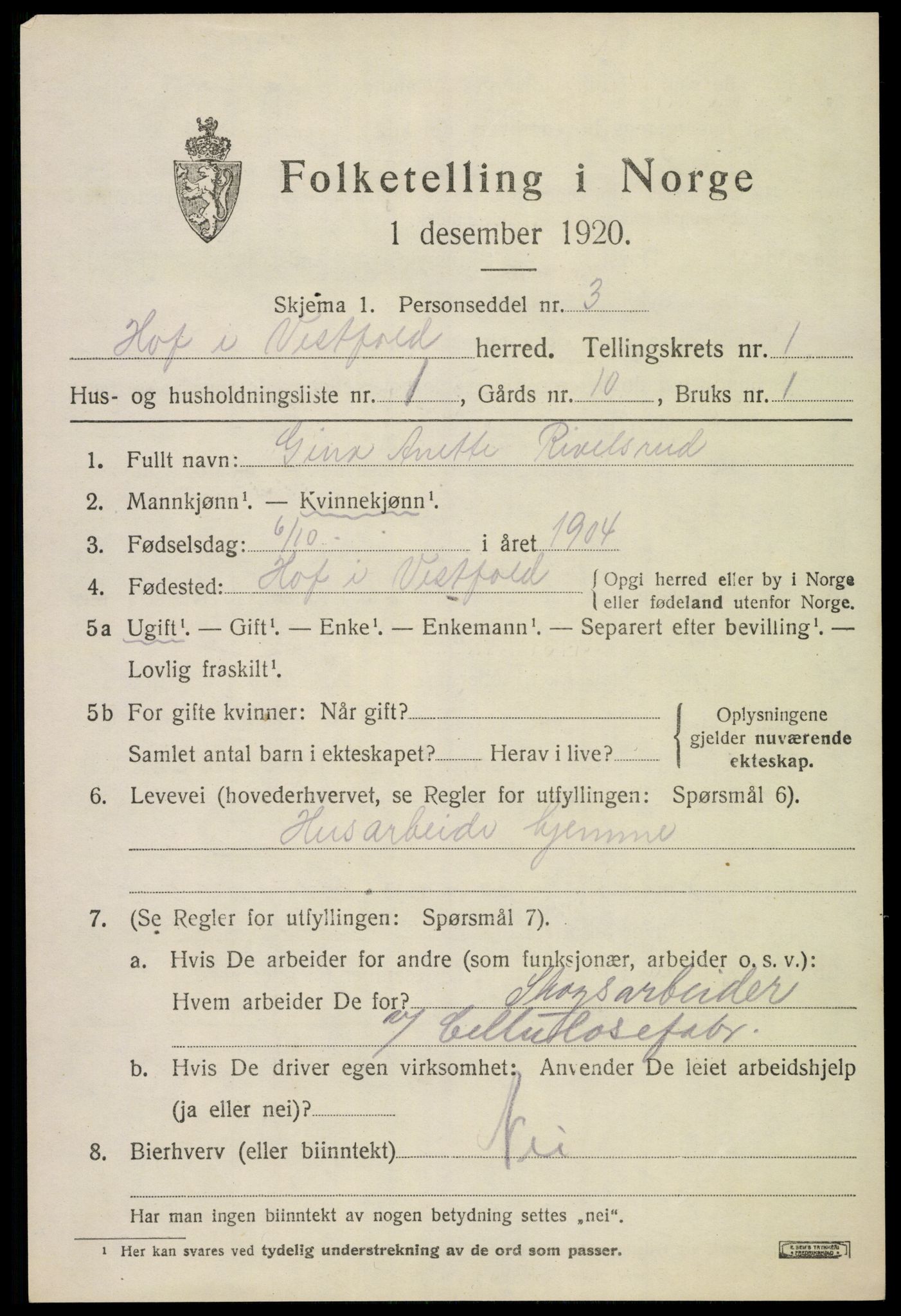 SAKO, 1920 census for Hof, 1920, p. 913