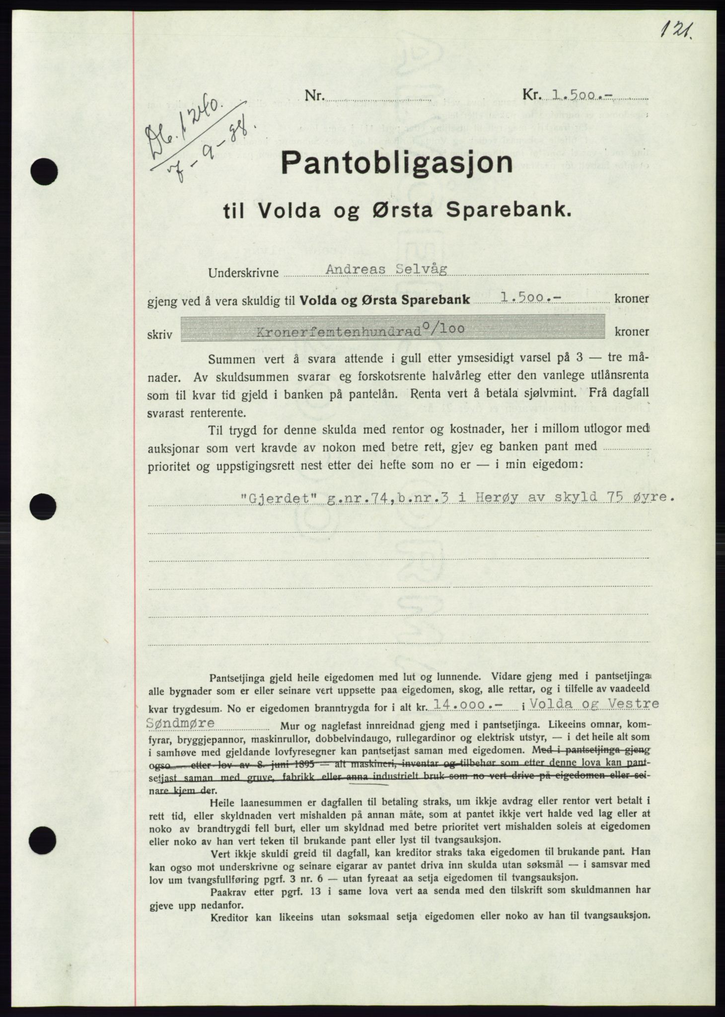 Søre Sunnmøre sorenskriveri, AV/SAT-A-4122/1/2/2C/L0066: Mortgage book no. 60, 1938-1938, Diary no: : 1240/1938