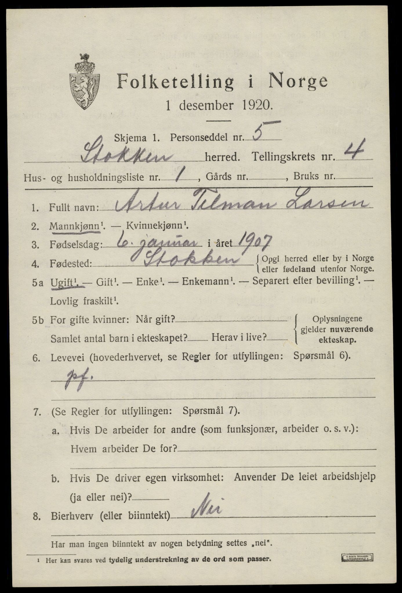 SAK, 1920 census for Stokken, 1920, p. 2464