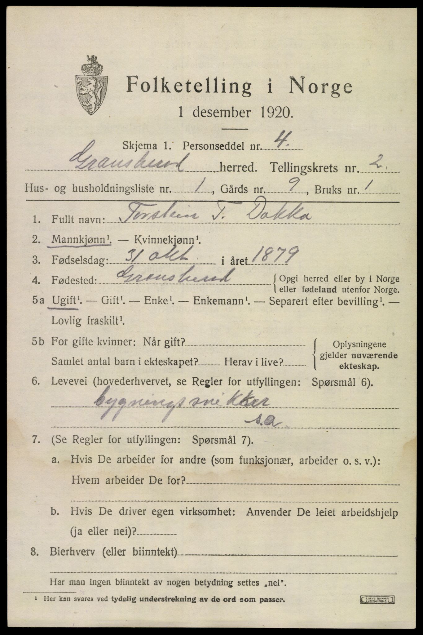 SAKO, 1920 census for Gransherad, 1920, p. 970