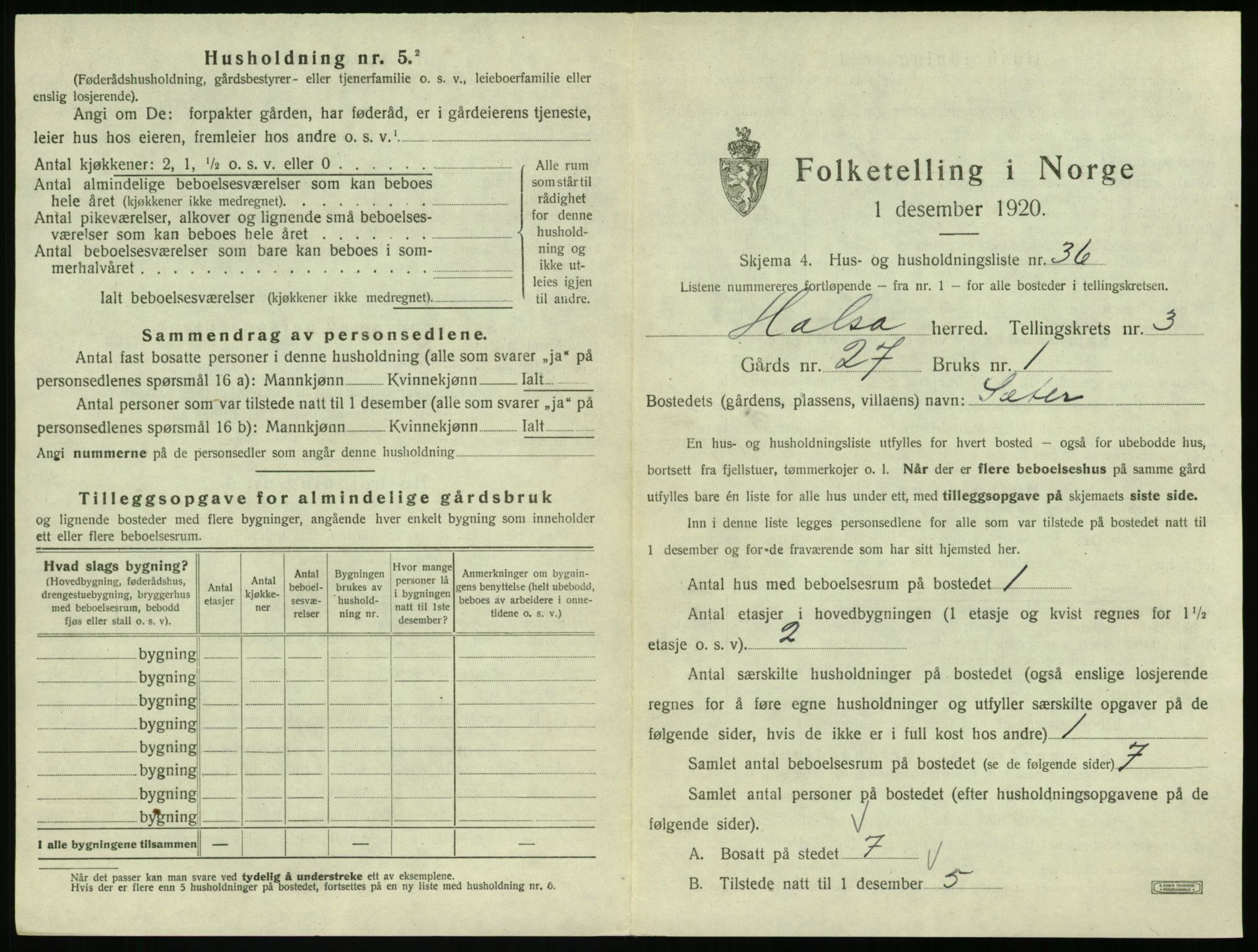 SAT, 1920 census for Halsa, 1920, p. 214