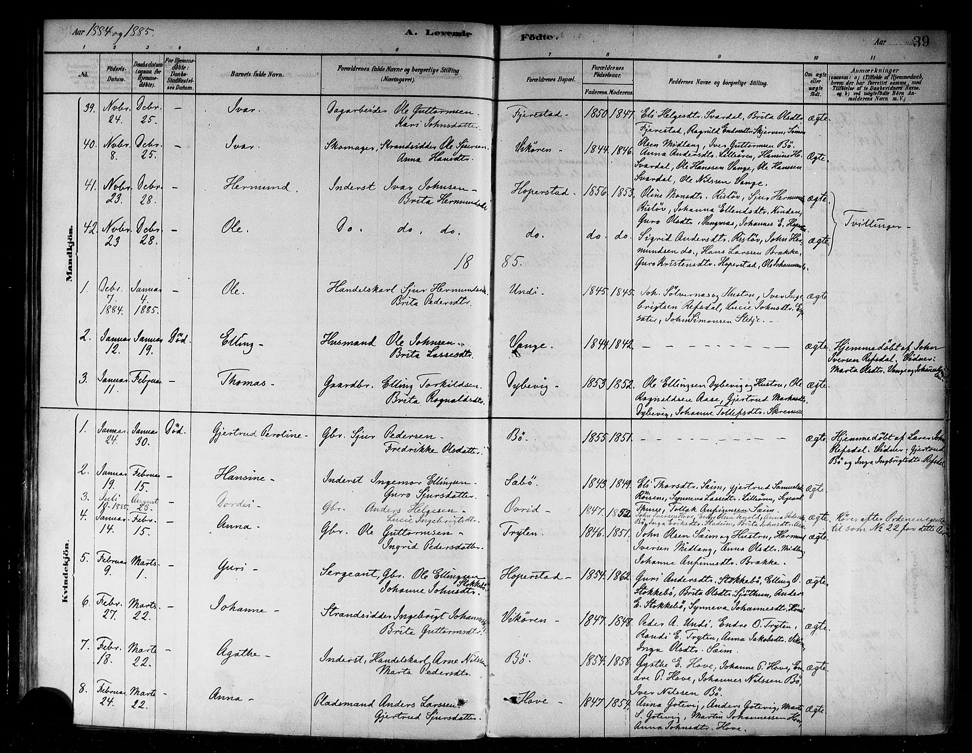 Vik sokneprestembete, SAB/A-81501: Parish register (official) no. B 1, 1878-1890, p. 39