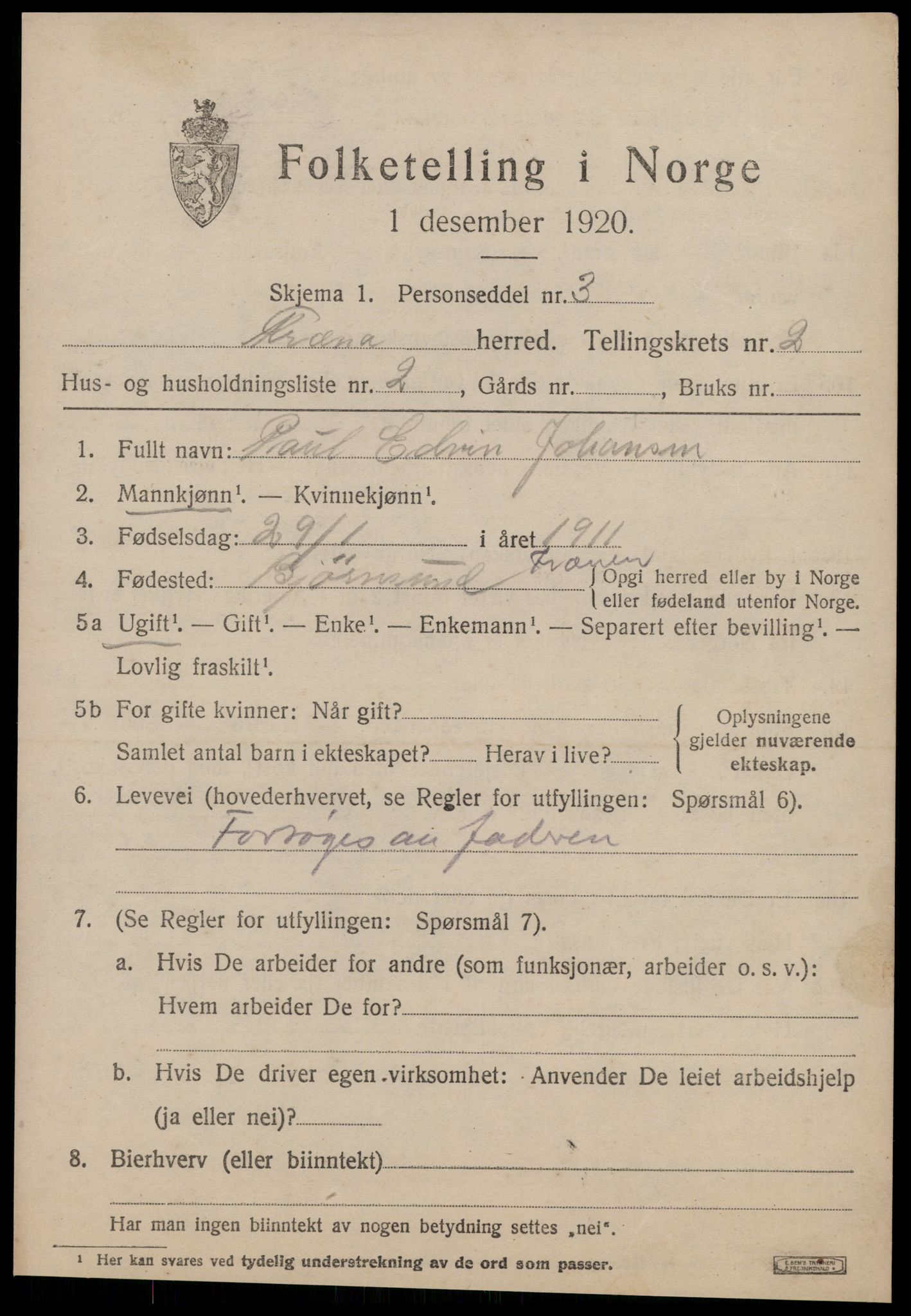 SAT, 1920 census for Fræna, 1920, p. 1543