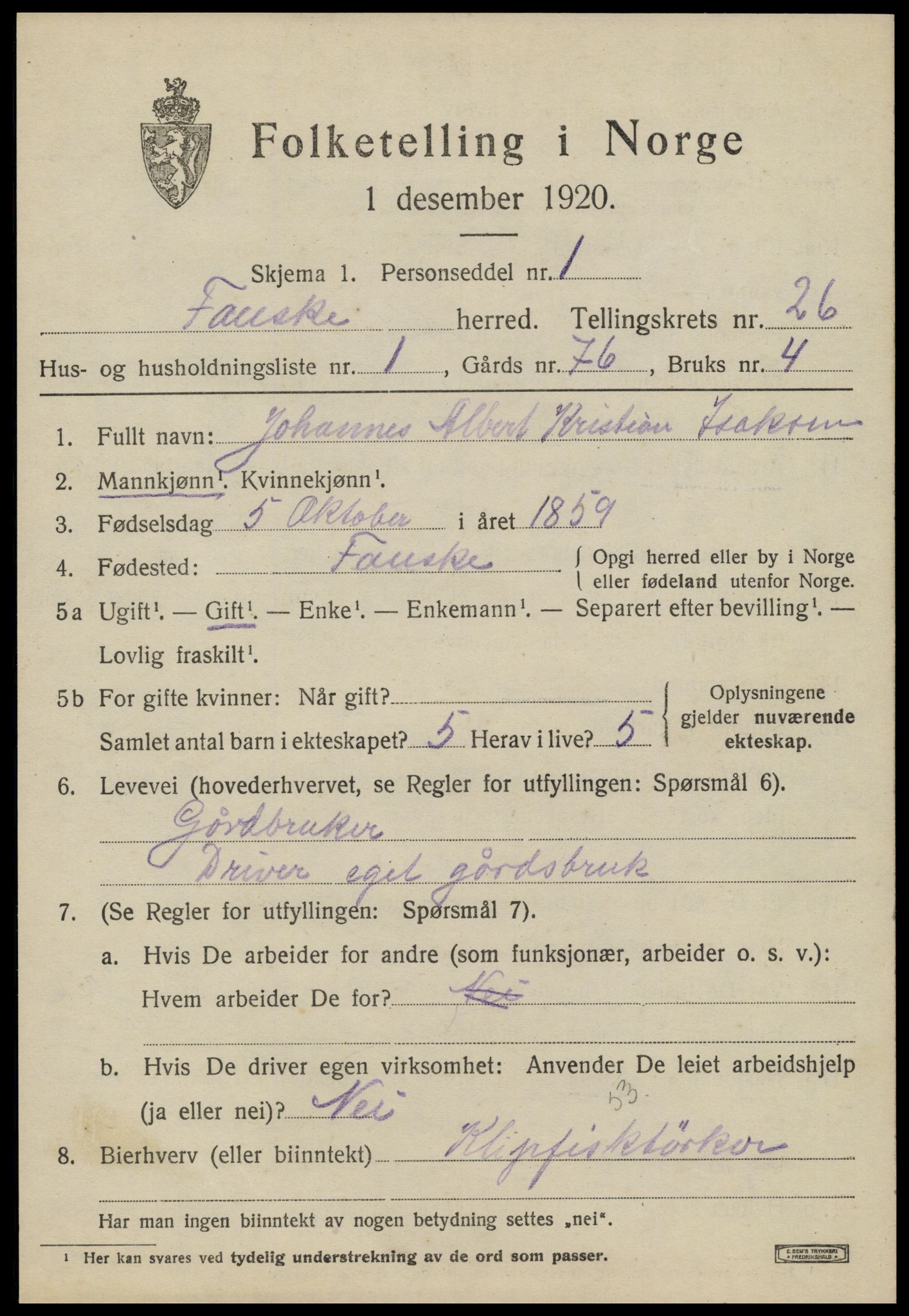 SAT, 1920 census for Fauske, 1920, p. 15694