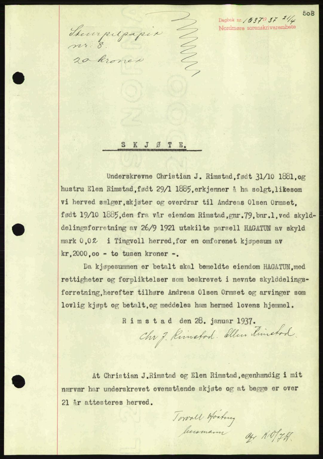 Nordmøre sorenskriveri, AV/SAT-A-4132/1/2/2Ca: Mortgage book no. A81, 1937-1937, Diary no: : 1037/1937