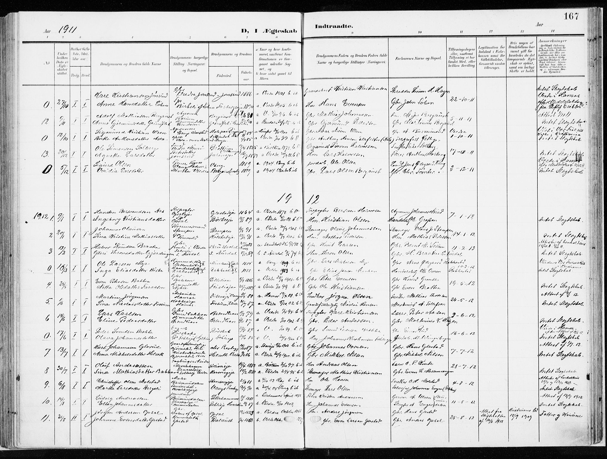 Ringsaker prestekontor, SAH/PREST-014/K/Ka/L0019: Parish register (official) no. 19, 1905-1920, p. 167