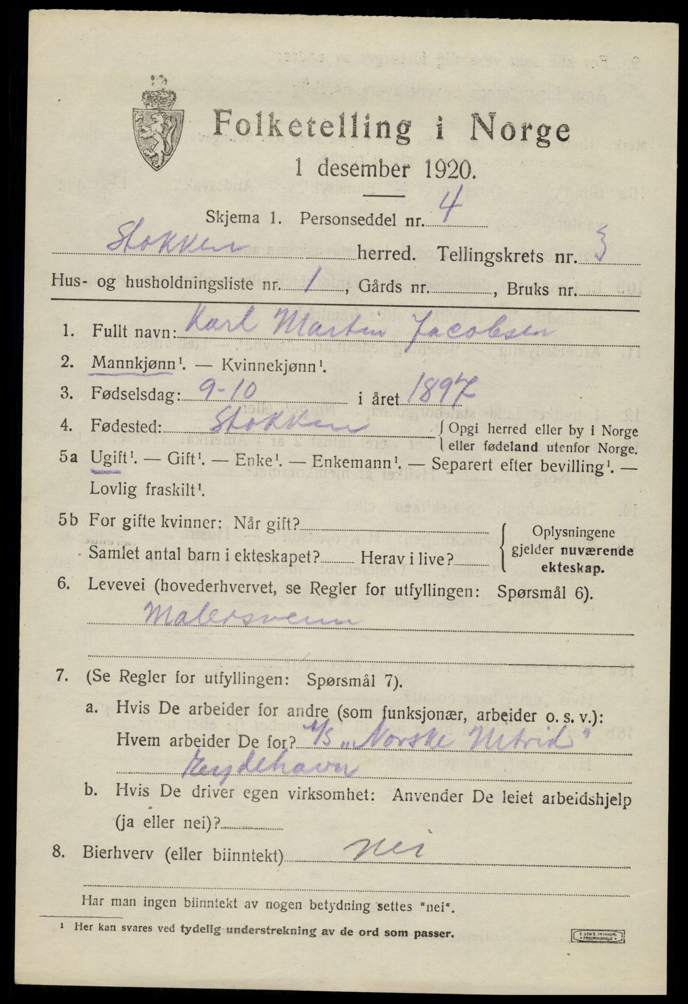 SAK, 1920 census for Stokken, 1920, p. 1970