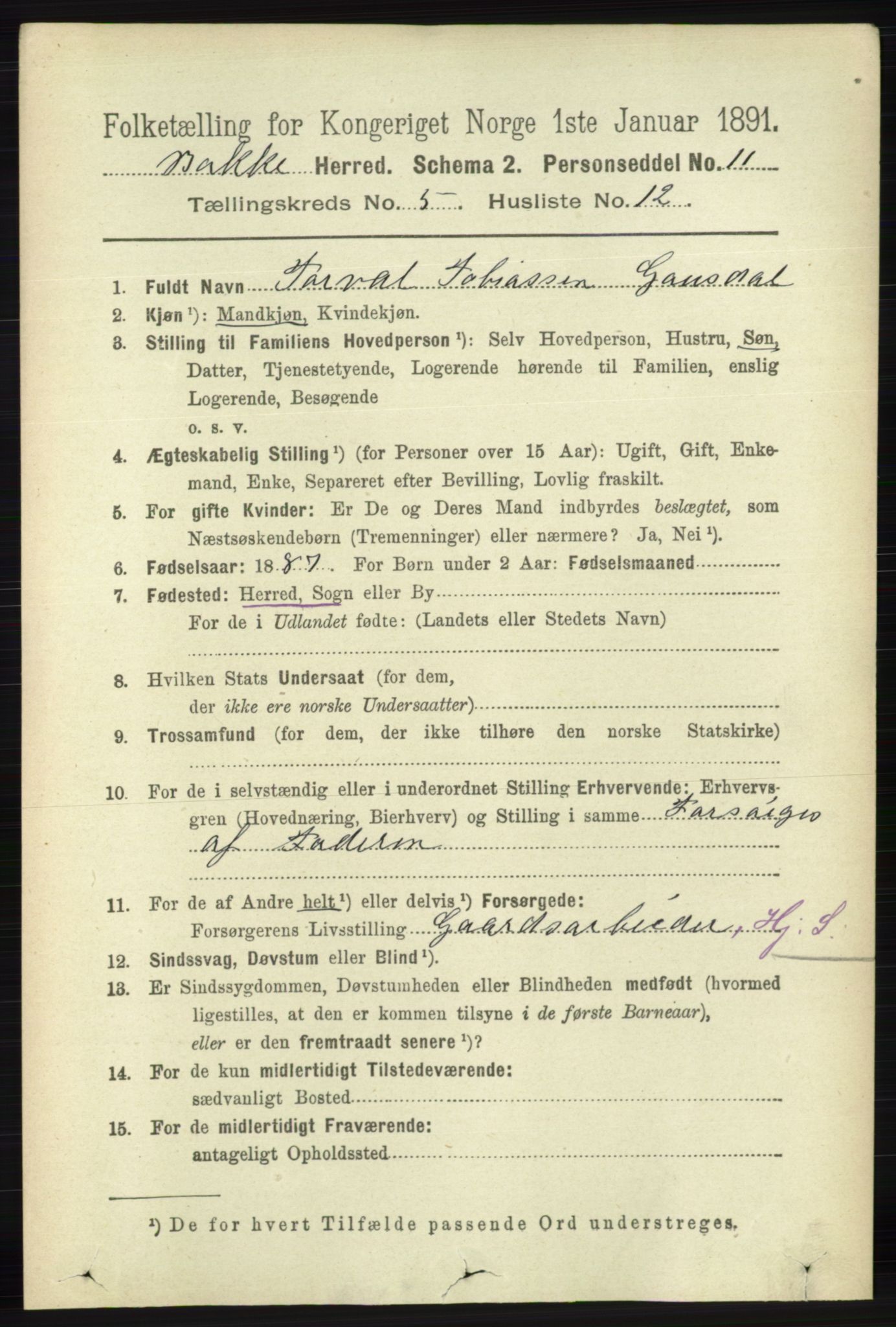 RA, 1891 census for 1045 Bakke, 1891, p. 1136