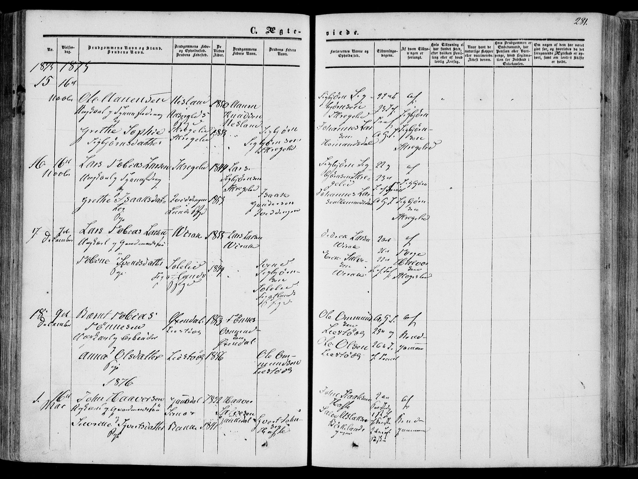 Bakke sokneprestkontor, SAK/1111-0002/F/Fa/Faa/L0006: Parish register (official) no. A 6, 1855-1877, p. 281