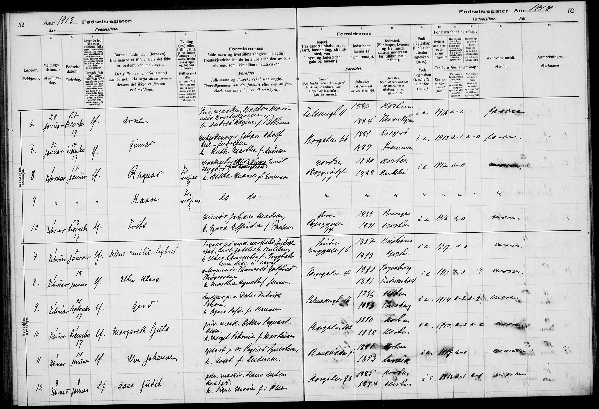 Horten kirkebøker, AV/SAKO-A-348/J/Ja/L0001: Birth register no. 1, 1916-1923, p. 52