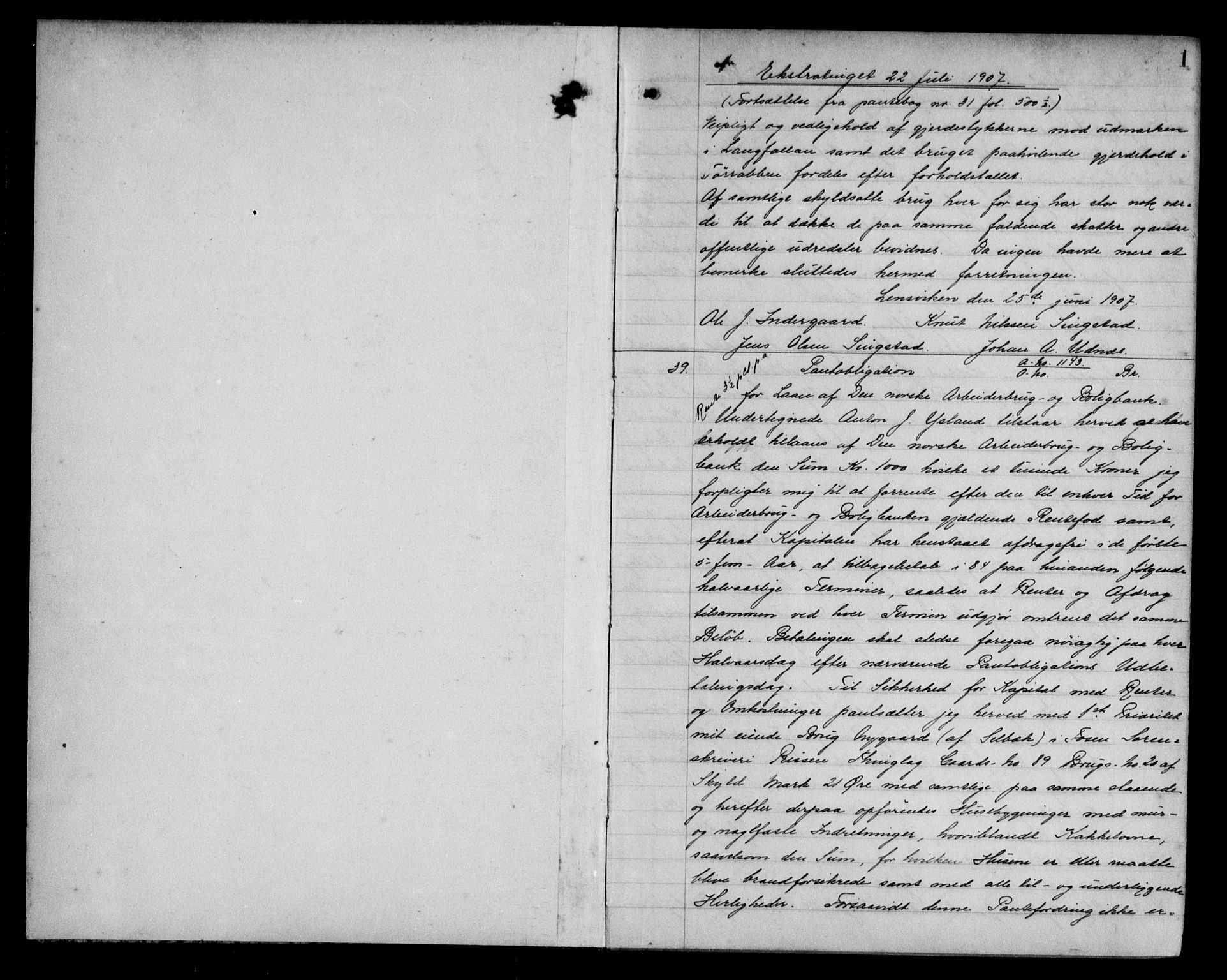 Fosen sorenskriveri, AV/SAT-A-1107/1/2/2C/L0041: Mortgage book no. 32, 1907-1908, p. 1