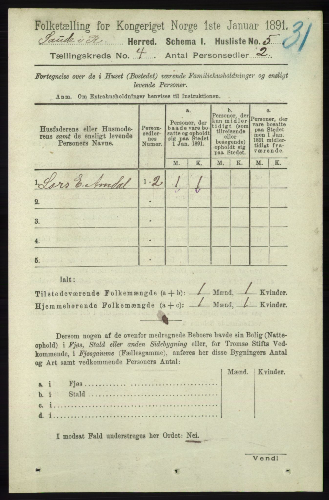 RA, 1891 census for 1135 Sauda, 1891, p. 1745