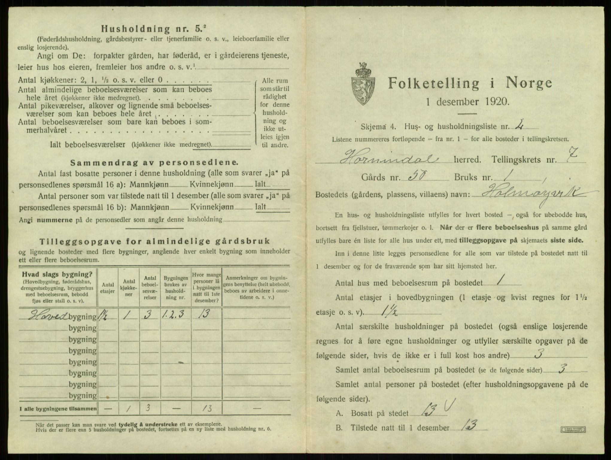 SAB, 1920 census for Hornindal, 1920, p. 475