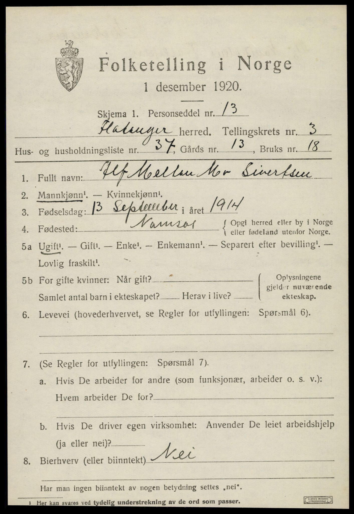 SAT, 1920 census for Flatanger, 1920, p. 1990