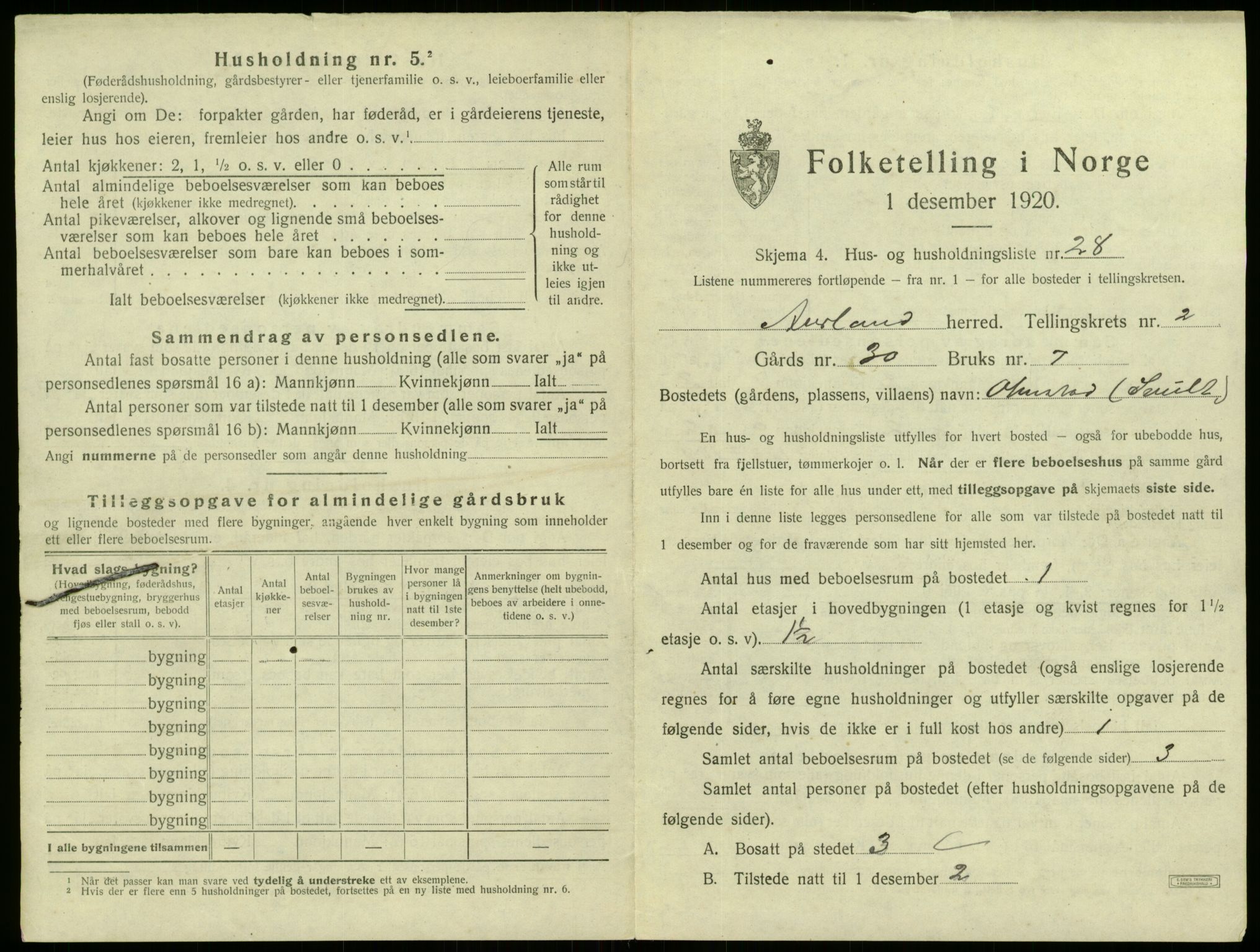 SAB, 1920 census for Aurland, 1920, p. 250