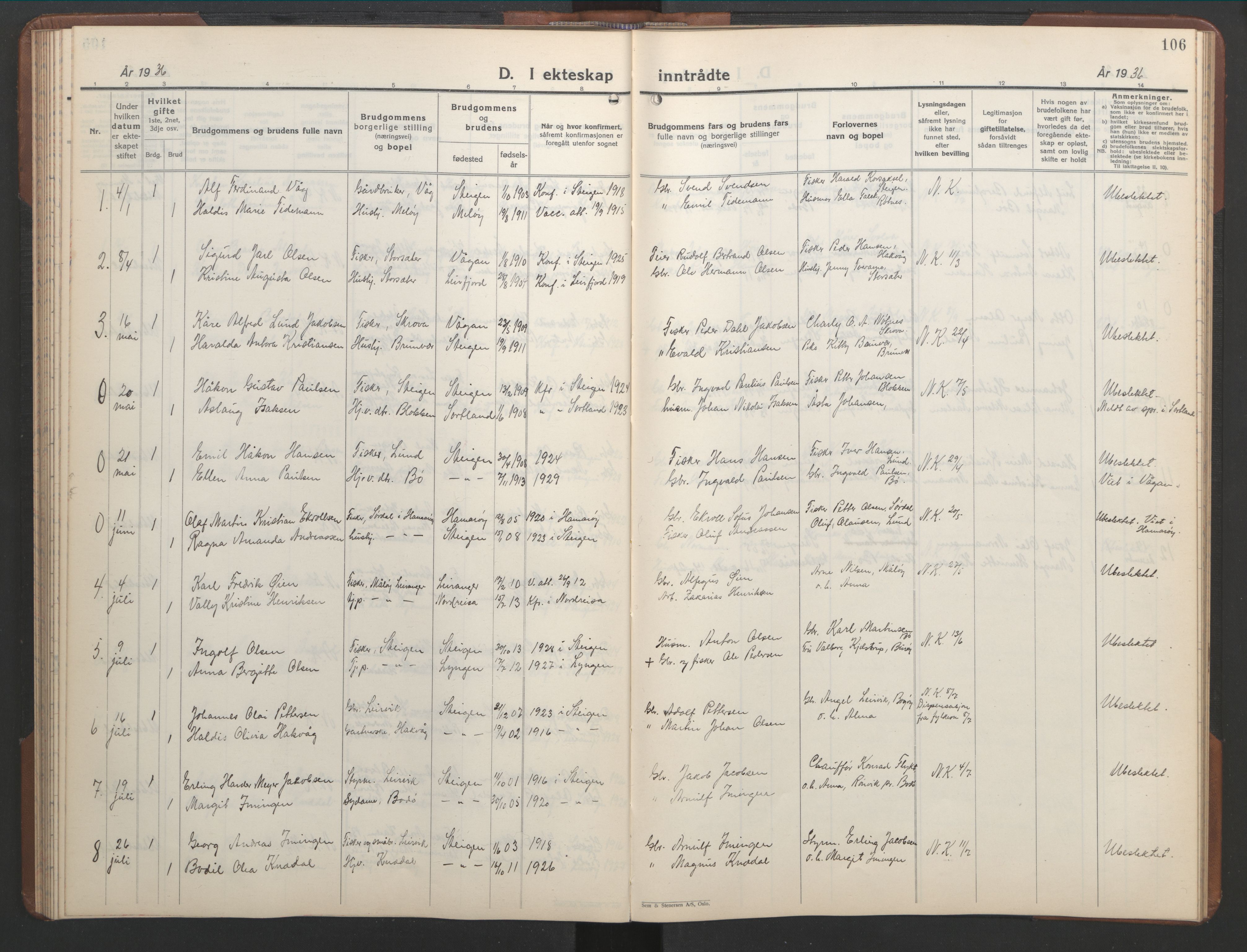 Ministerialprotokoller, klokkerbøker og fødselsregistre - Nordland, AV/SAT-A-1459/855/L0818: Parish register (copy) no. 855C07, 1935-1949, p. 106