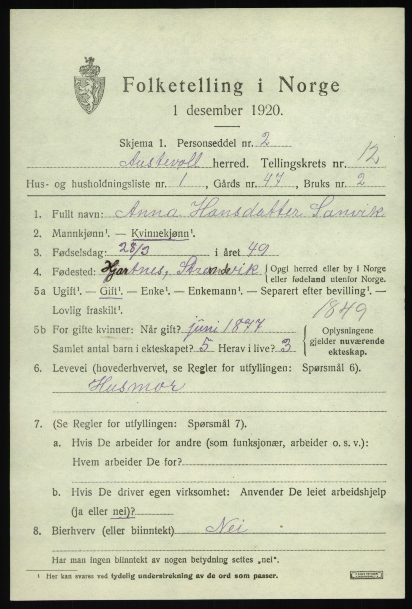 SAB, 1920 census for Austevoll, 1920, p. 6538