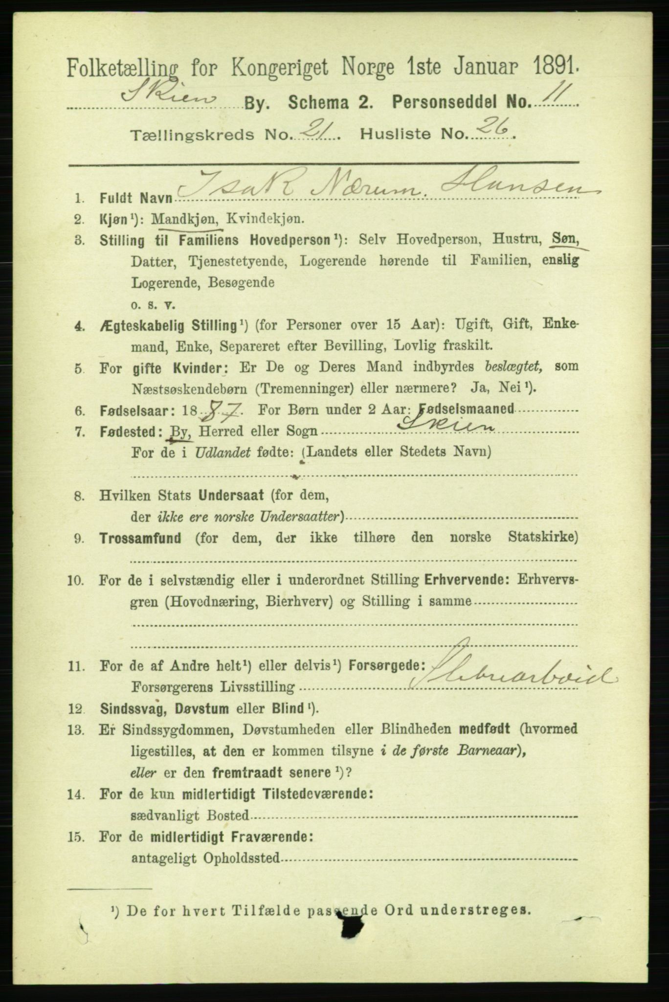 RA, 1891 census for 0806 Skien, 1891, p. 5665