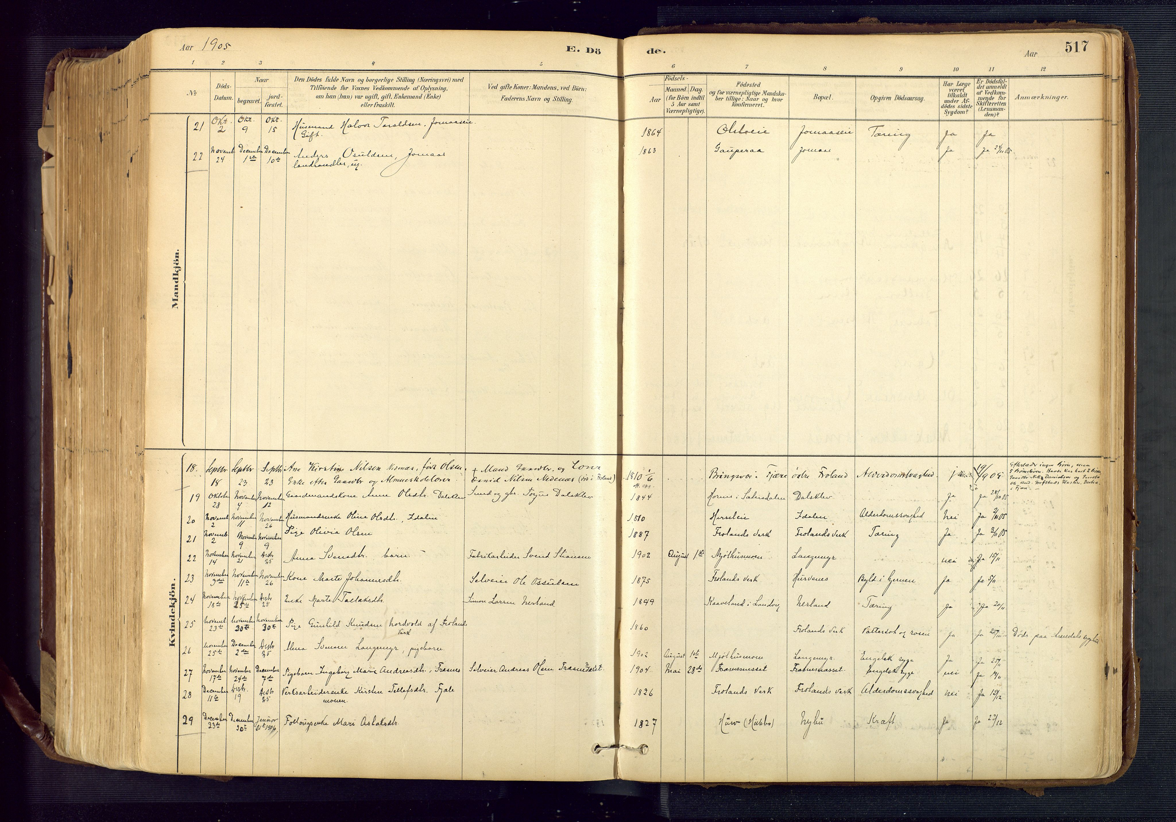 Froland sokneprestkontor, AV/SAK-1111-0013/F/Fa/L0005: Parish register (official) no. A 5, 1882-1921, p. 517