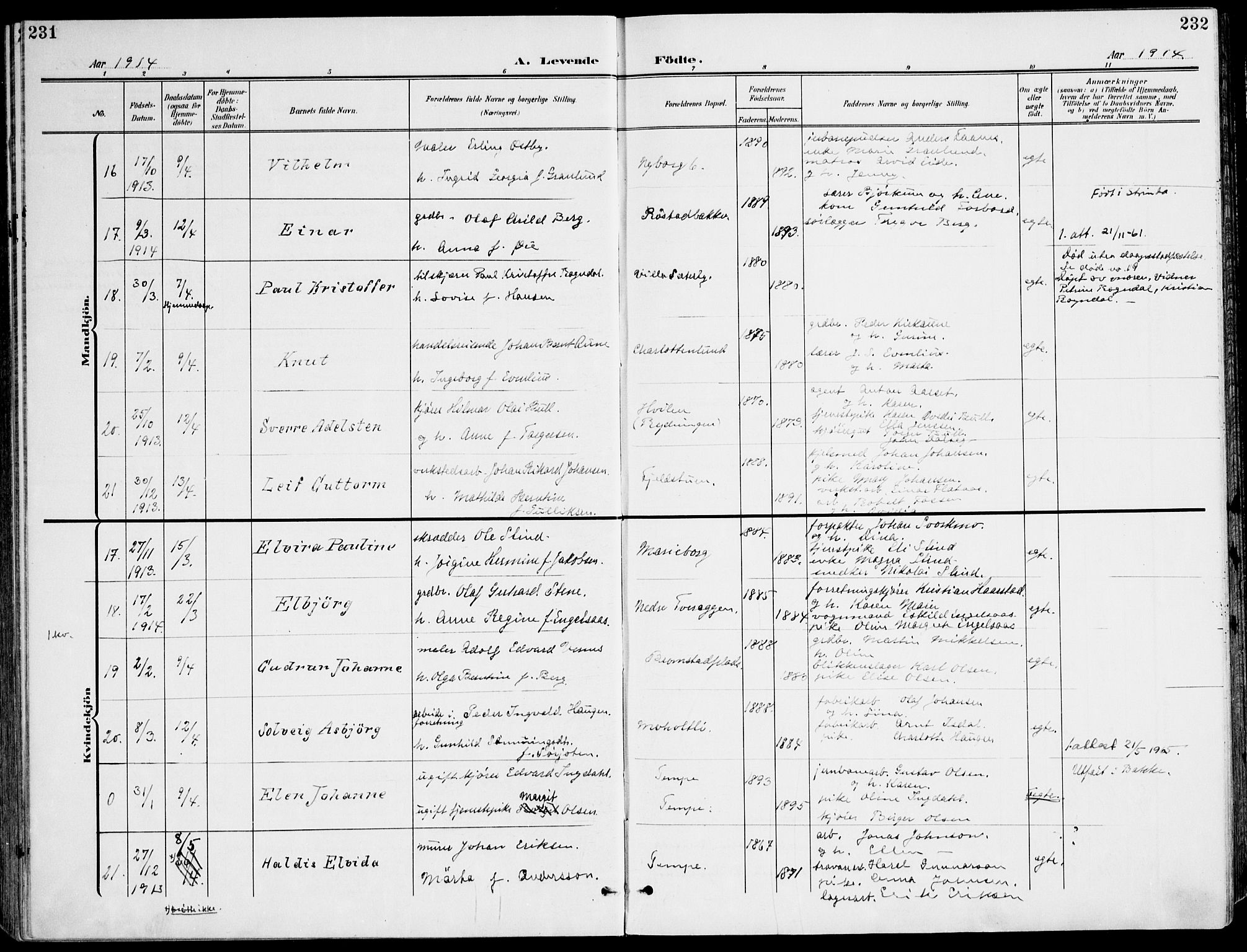 Ministerialprotokoller, klokkerbøker og fødselsregistre - Sør-Trøndelag, SAT/A-1456/607/L0320: Parish register (official) no. 607A04, 1907-1915, p. 231-232