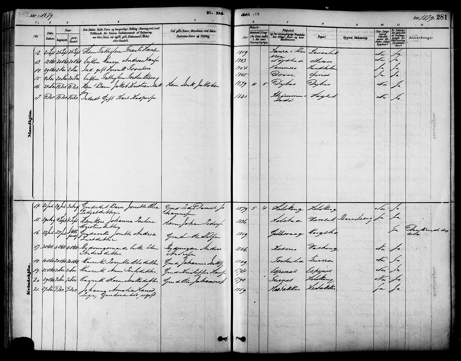 Ministerialprotokoller, klokkerbøker og fødselsregistre - Nordland, AV/SAT-A-1459/852/L0740: Parish register (official) no. 852A10, 1878-1894, p. 281