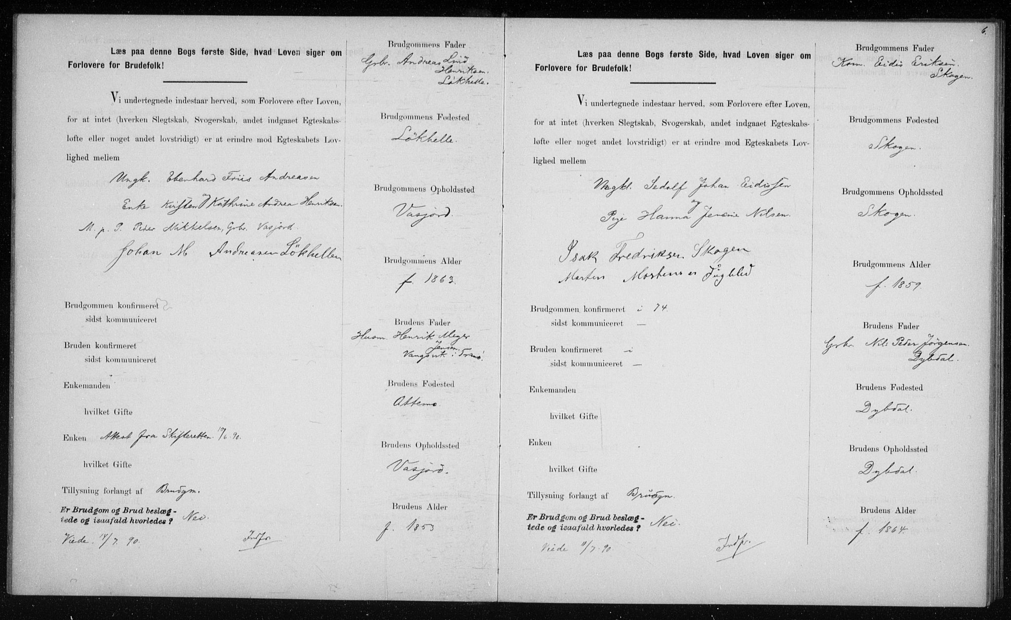 Lenvik sokneprestembete, AV/SATØ-S-1310/I/Ie/L0129: Banns register no. 129, 1890-1895, p. 6