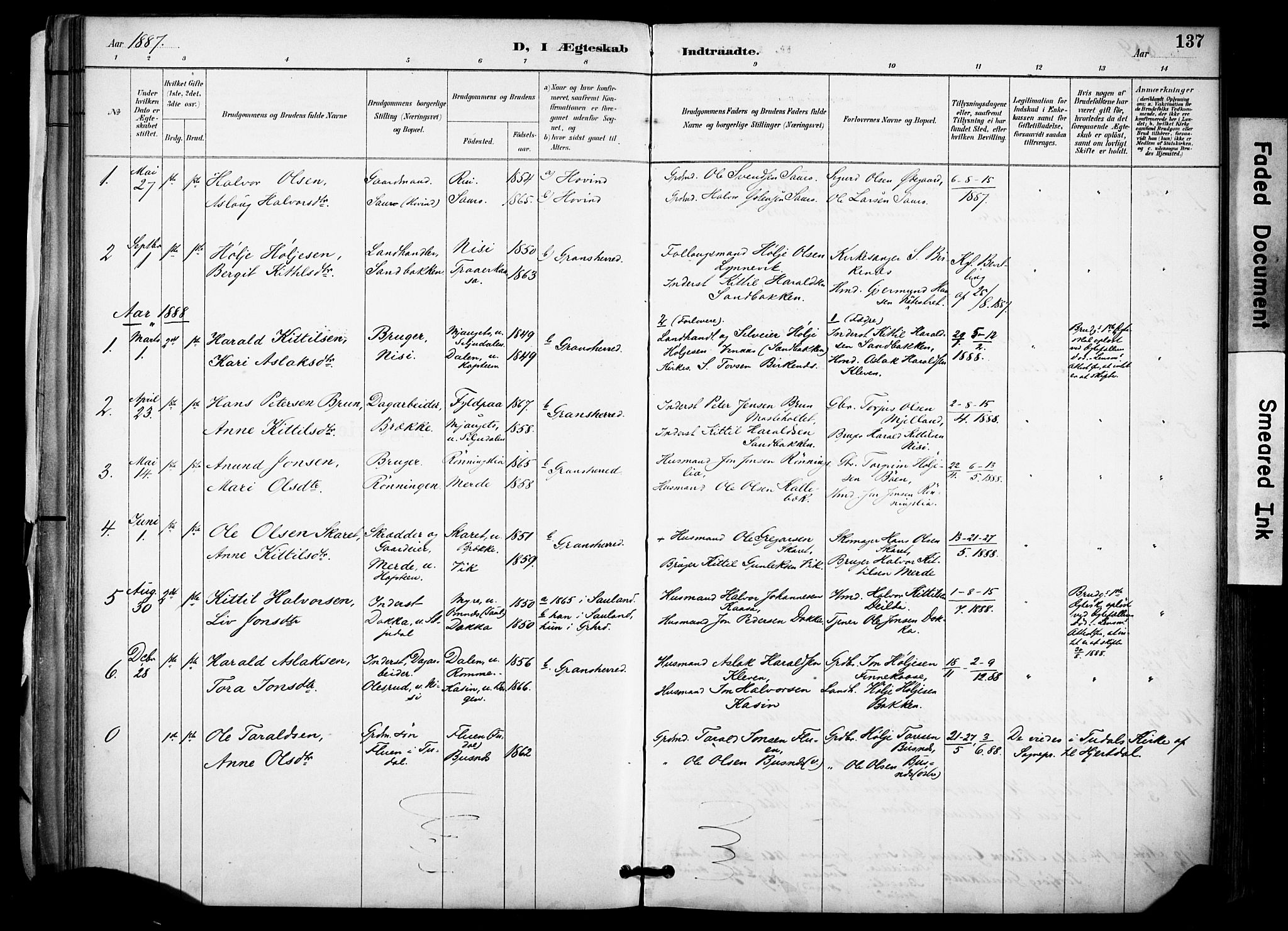 Gransherad kirkebøker, SAKO/A-267/F/Fa/L0005: Parish register (official) no. I 5, 1887-1916, p. 137