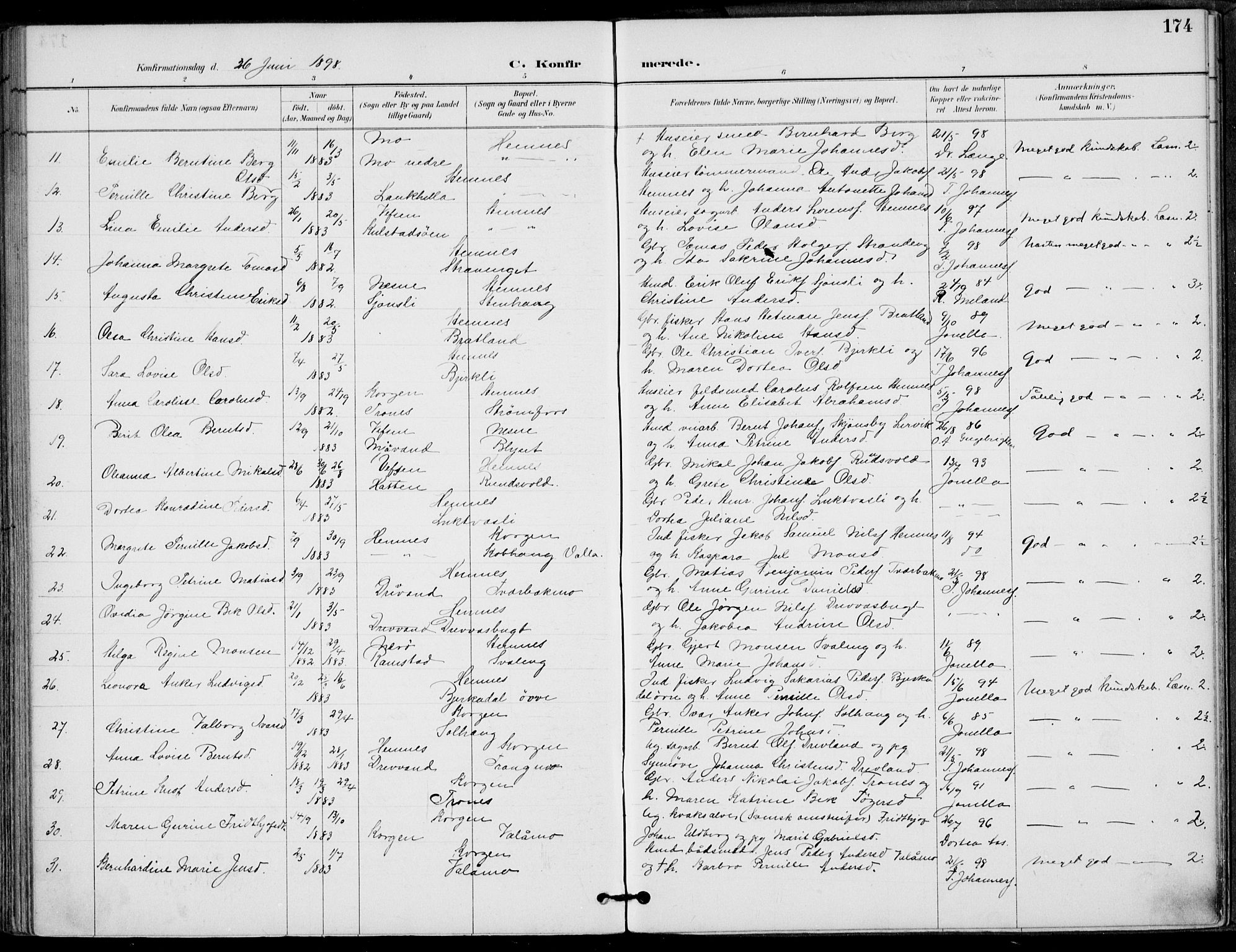 Ministerialprotokoller, klokkerbøker og fødselsregistre - Nordland, AV/SAT-A-1459/825/L0362: Parish register (official) no. 825A16, 1886-1908, p. 174