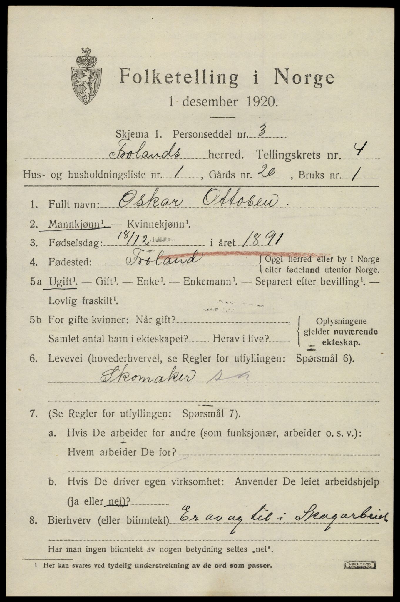 SAK, 1920 census for Froland, 1920, p. 3147