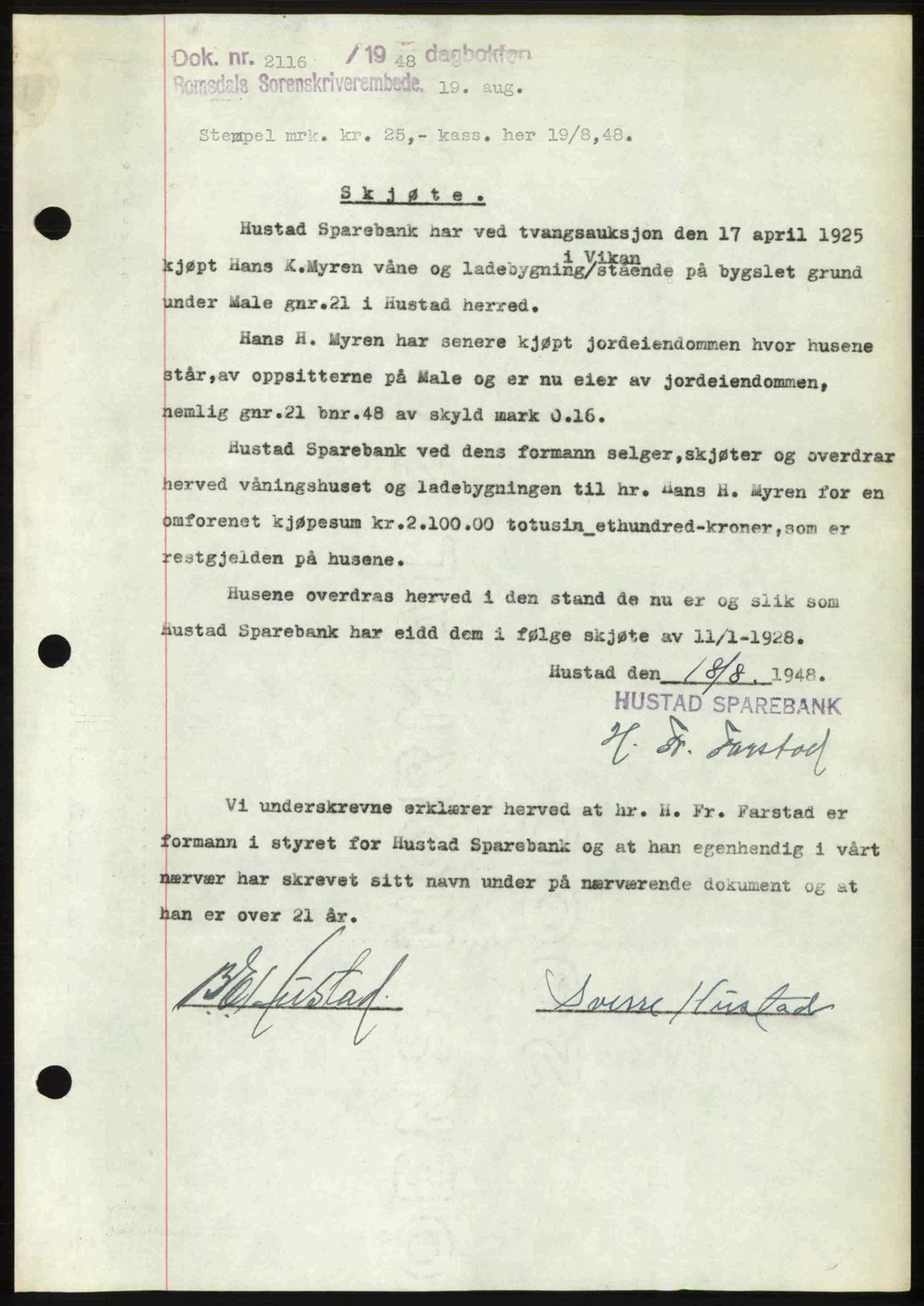 Romsdal sorenskriveri, AV/SAT-A-4149/1/2/2C: Mortgage book no. A27, 1948-1948, Diary no: : 2116/1948