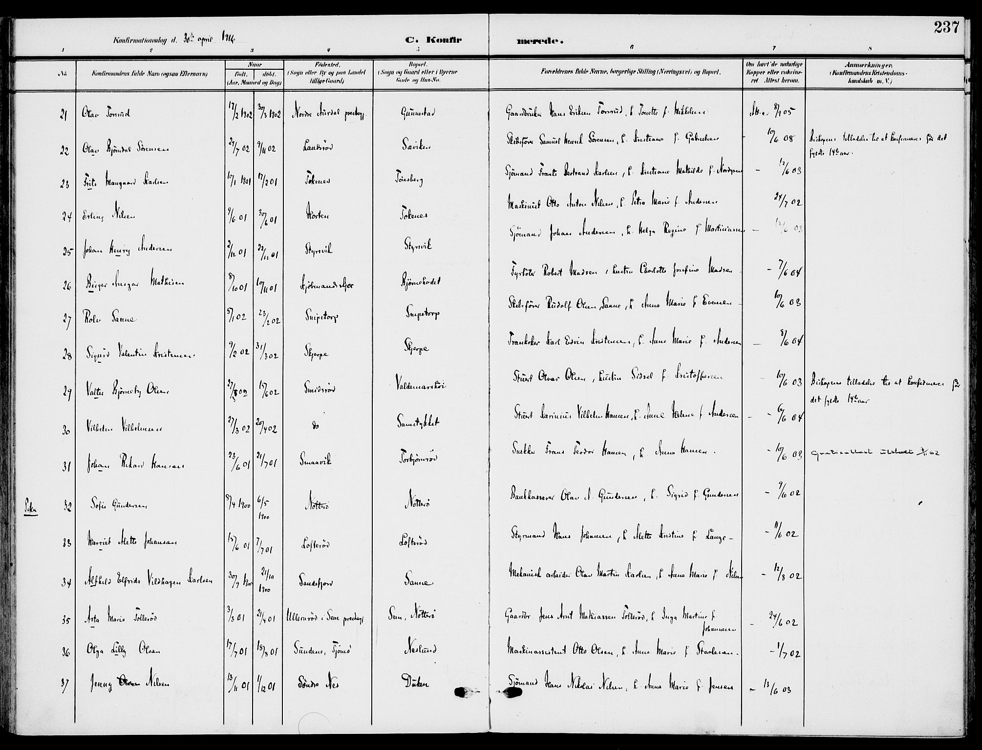 Nøtterøy kirkebøker, AV/SAKO-A-354/F/Fa/L0010: Parish register (official) no. I 10, 1908-1919, p. 237