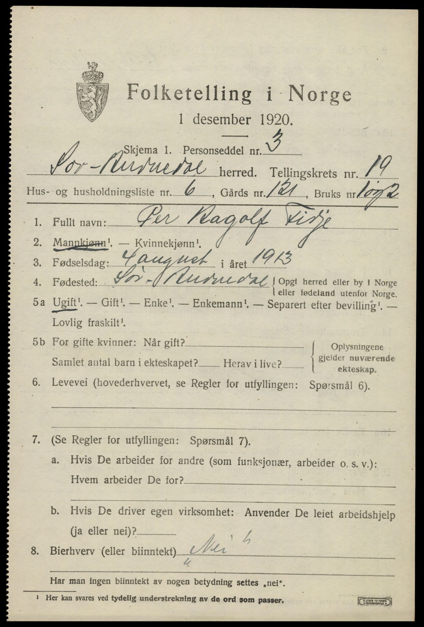 SAK, 1920 census for Sør-Audnedal, 1920, p. 6641