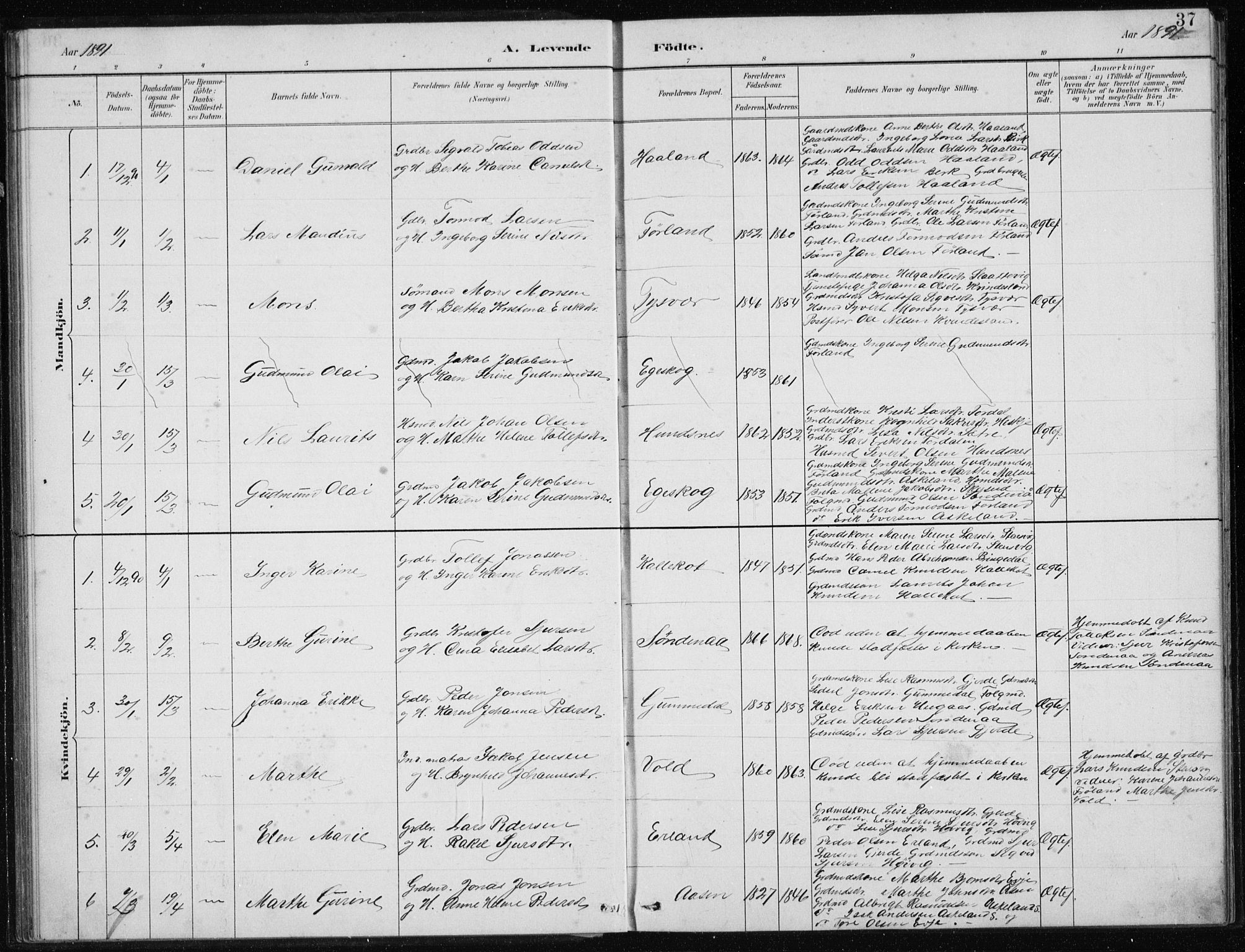 Tysvær sokneprestkontor, SAST/A -101864/H/Ha/Hab/L0004: Parish register (copy) no. B 4, 1883-1896, p. 37