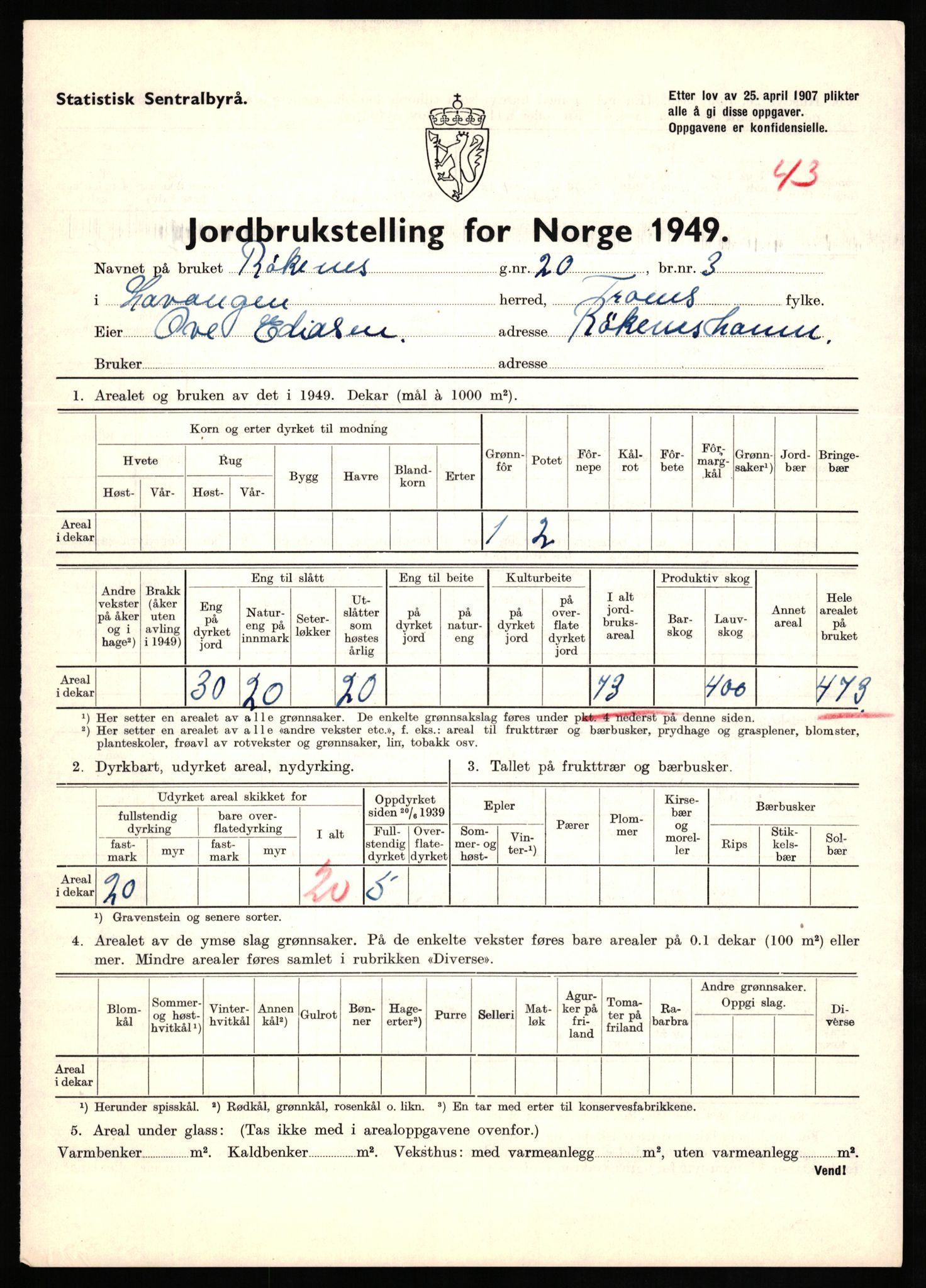 Statistisk sentralbyrå, Næringsøkonomiske emner, Jordbruk, skogbruk, jakt, fiske og fangst, AV/RA-S-2234/G/Gc/L0437: Troms: Gratangen og Lavangen, 1949, p. 533