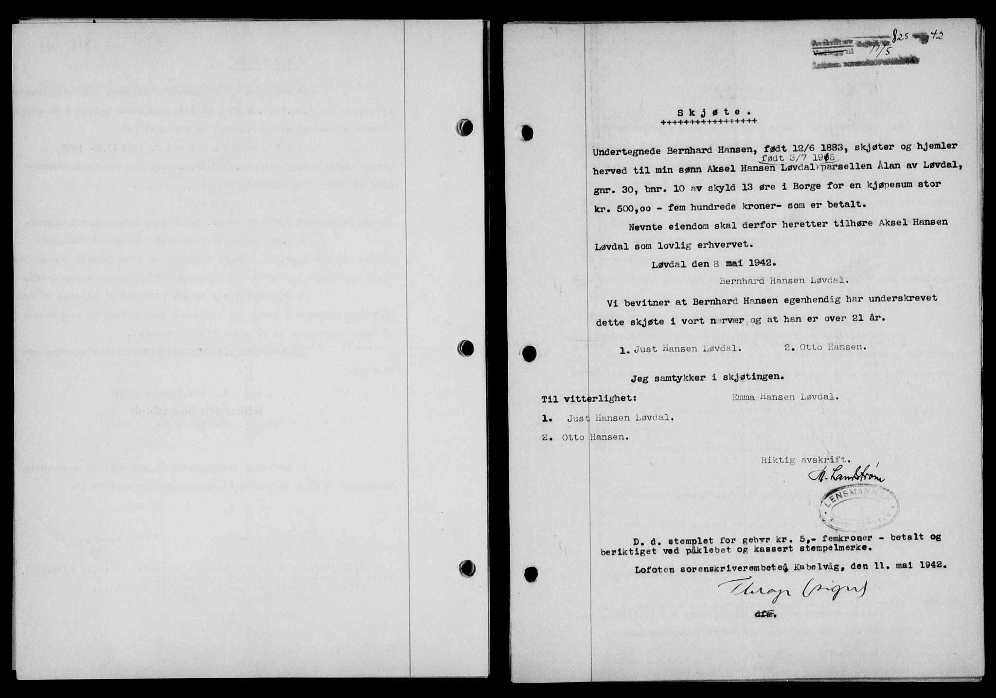 Lofoten sorenskriveri, SAT/A-0017/1/2/2C/L0009a: Mortgage book no. 9a, 1941-1942, Diary no: : 825/1942