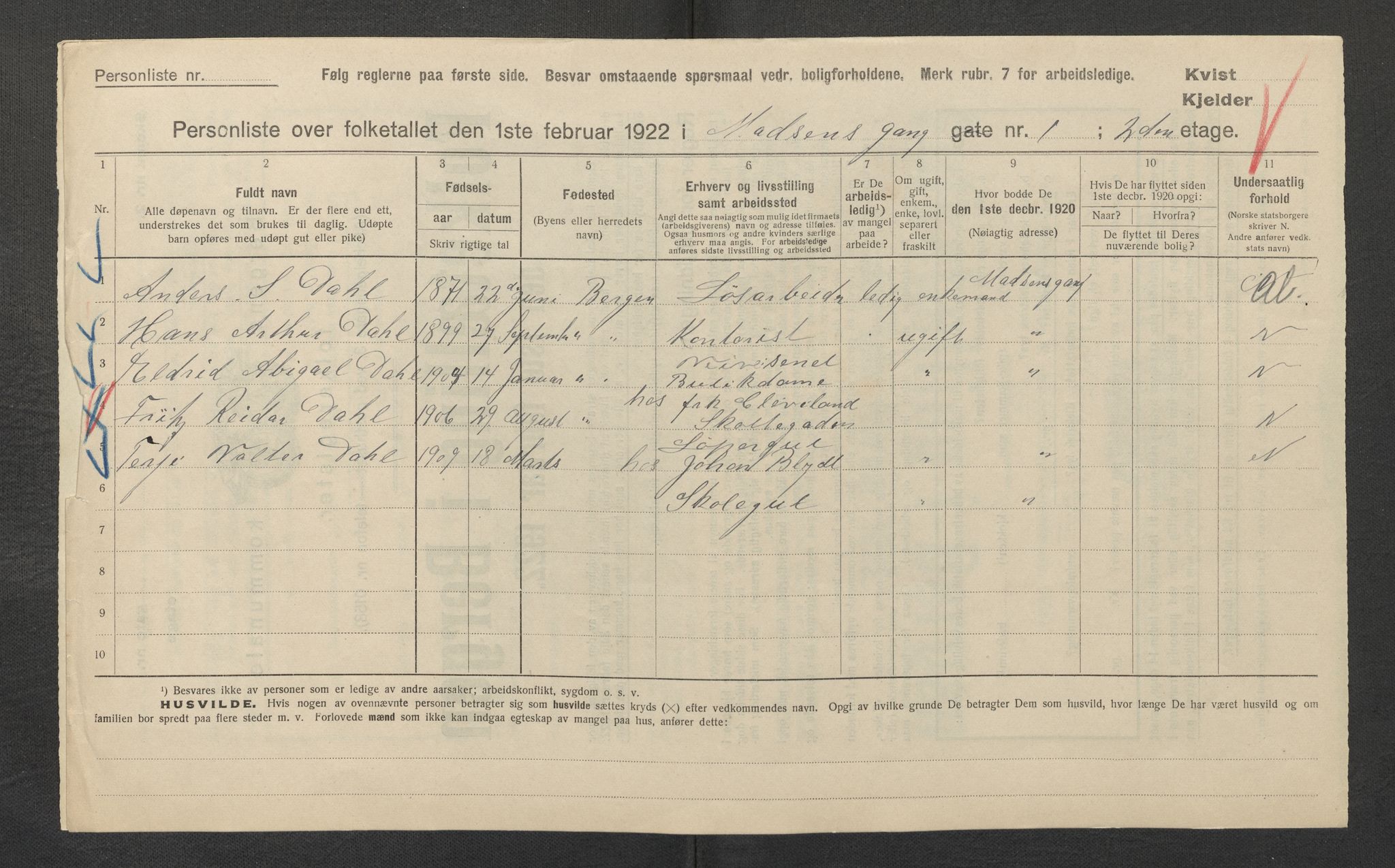 SAB, Municipal Census 1922 for Bergen, 1922, p. 23327