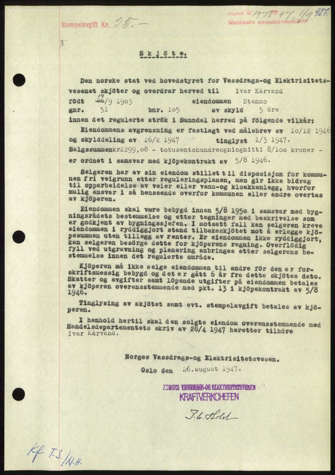 Nordmøre sorenskriveri, AV/SAT-A-4132/1/2/2Ca: Mortgage book no. A105, 1947-1947, Diary no: : 1978/1947