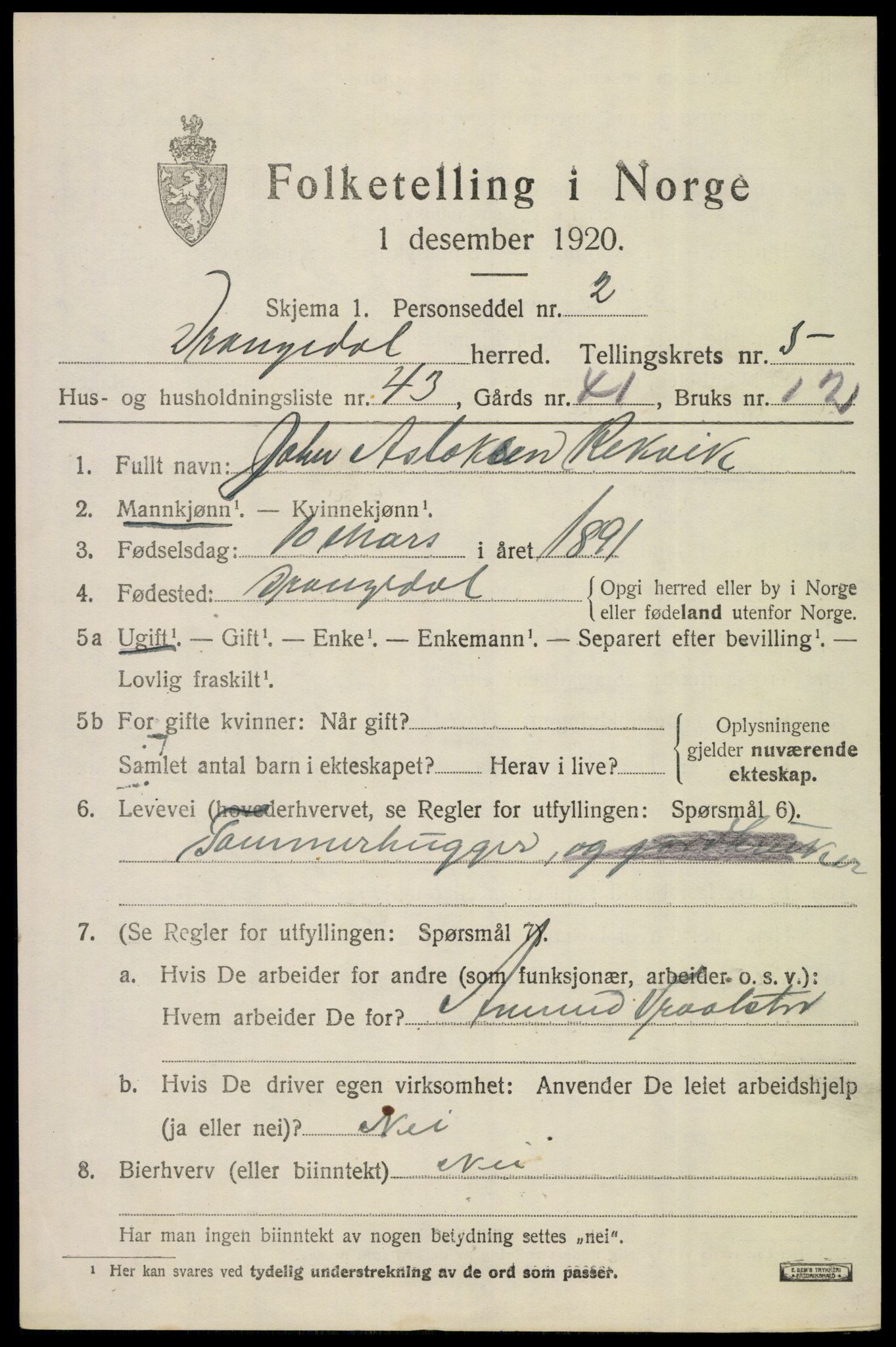 SAKO, 1920 census for Drangedal, 1920, p. 4221