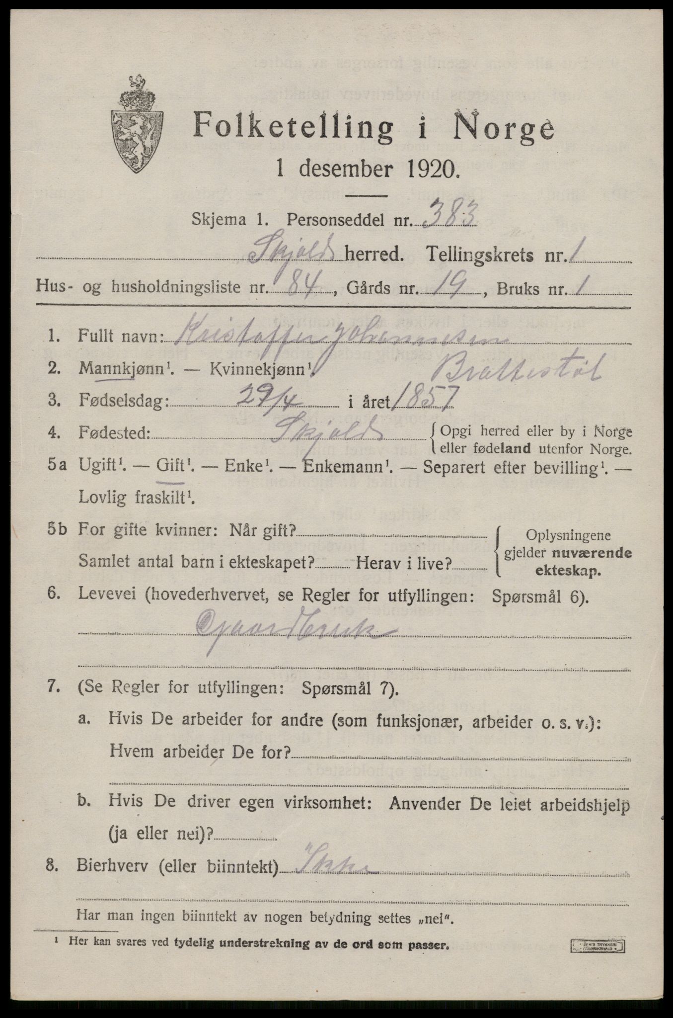 SAST, 1920 census for Skjold, 1920, p. 1678