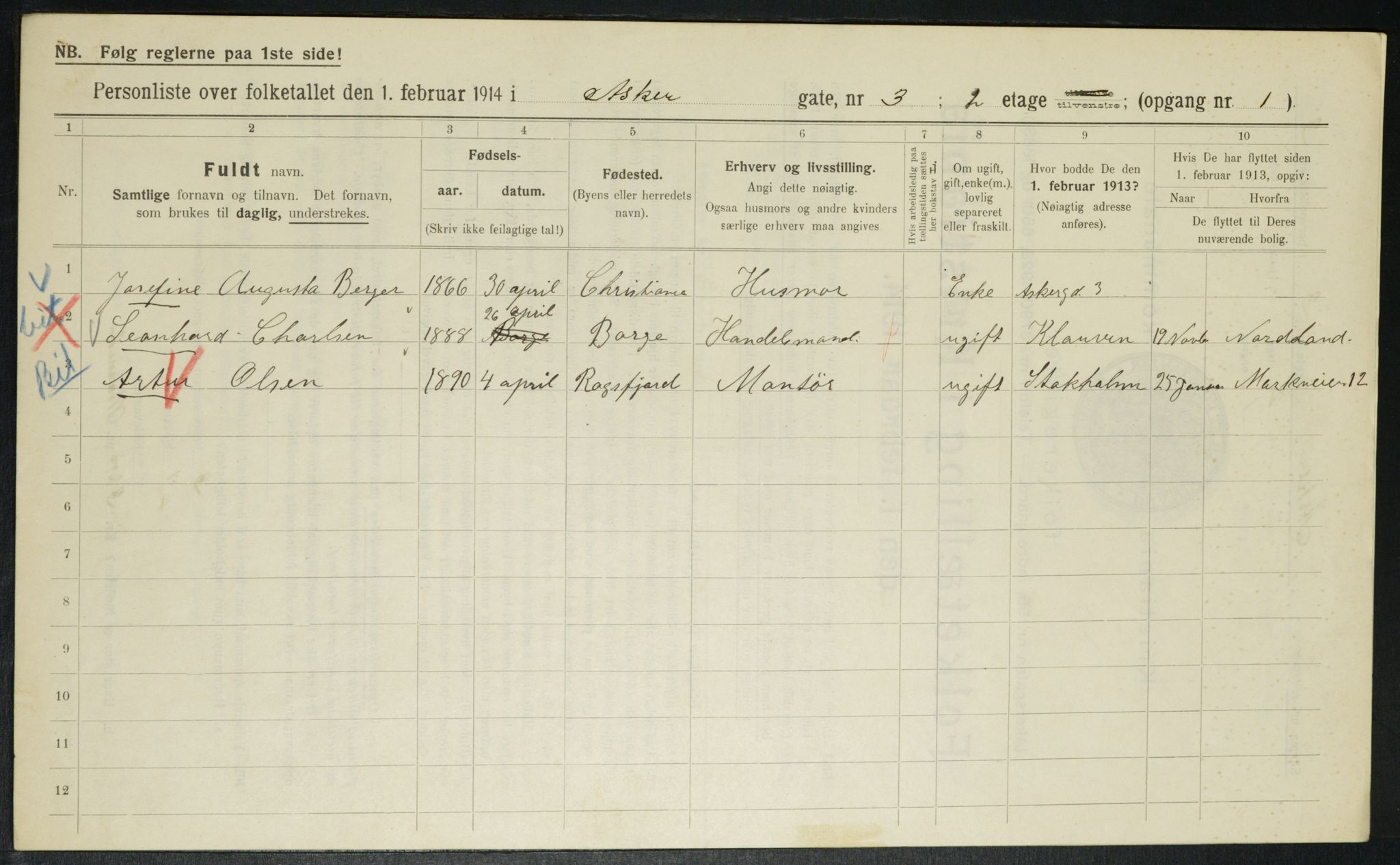 OBA, Municipal Census 1914 for Kristiania, 1914, p. 2533