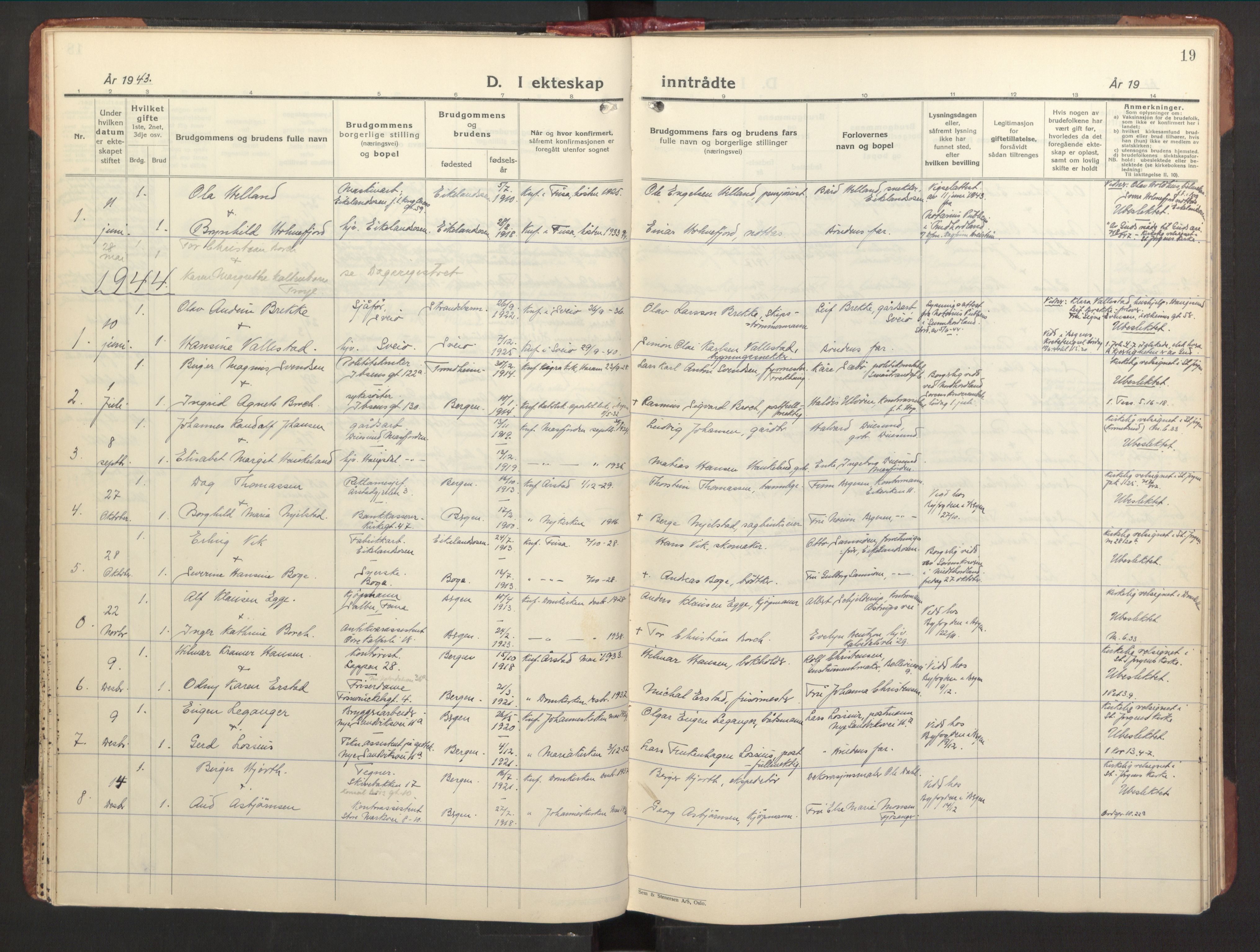 St. Jørgens hospital og Årstad sokneprestembete, AV/SAB-A-99934: Parish register (official) no. A 15, 1936-1953, p. 19