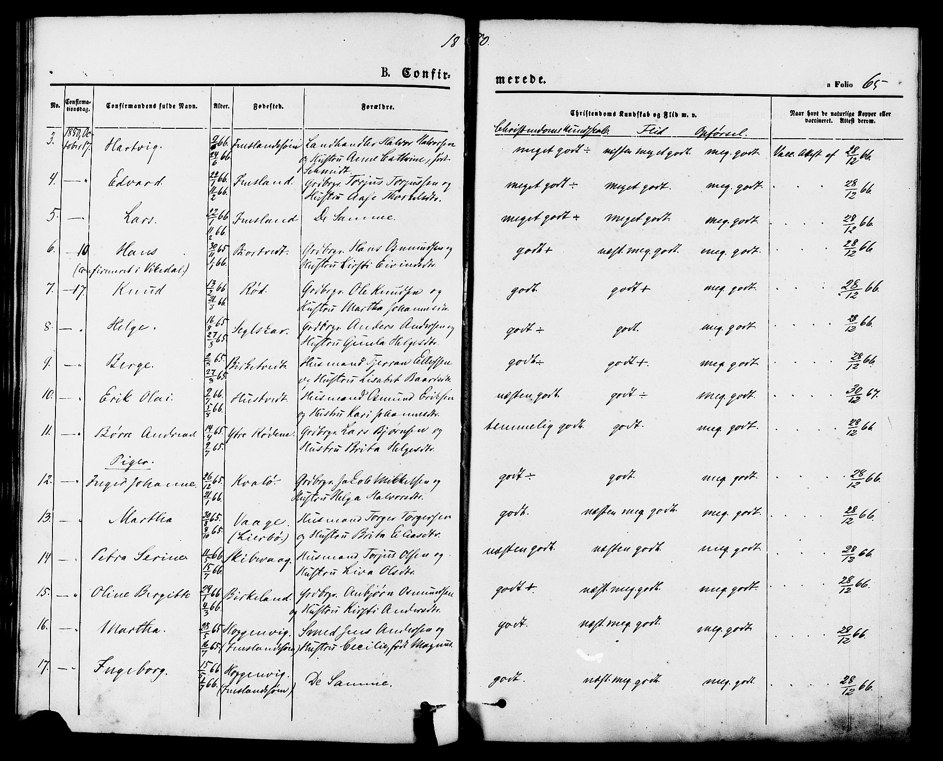 Vikedal sokneprestkontor, AV/SAST-A-101840/01/IV: Parish register (official) no. A 9, 1868-1885, p. 65