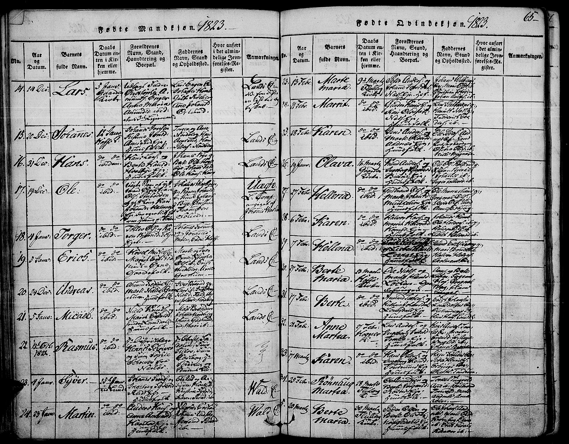 Land prestekontor, SAH/PREST-120/H/Ha/Haa/L0007: Parish register (official) no. 7, 1814-1830, p. 65